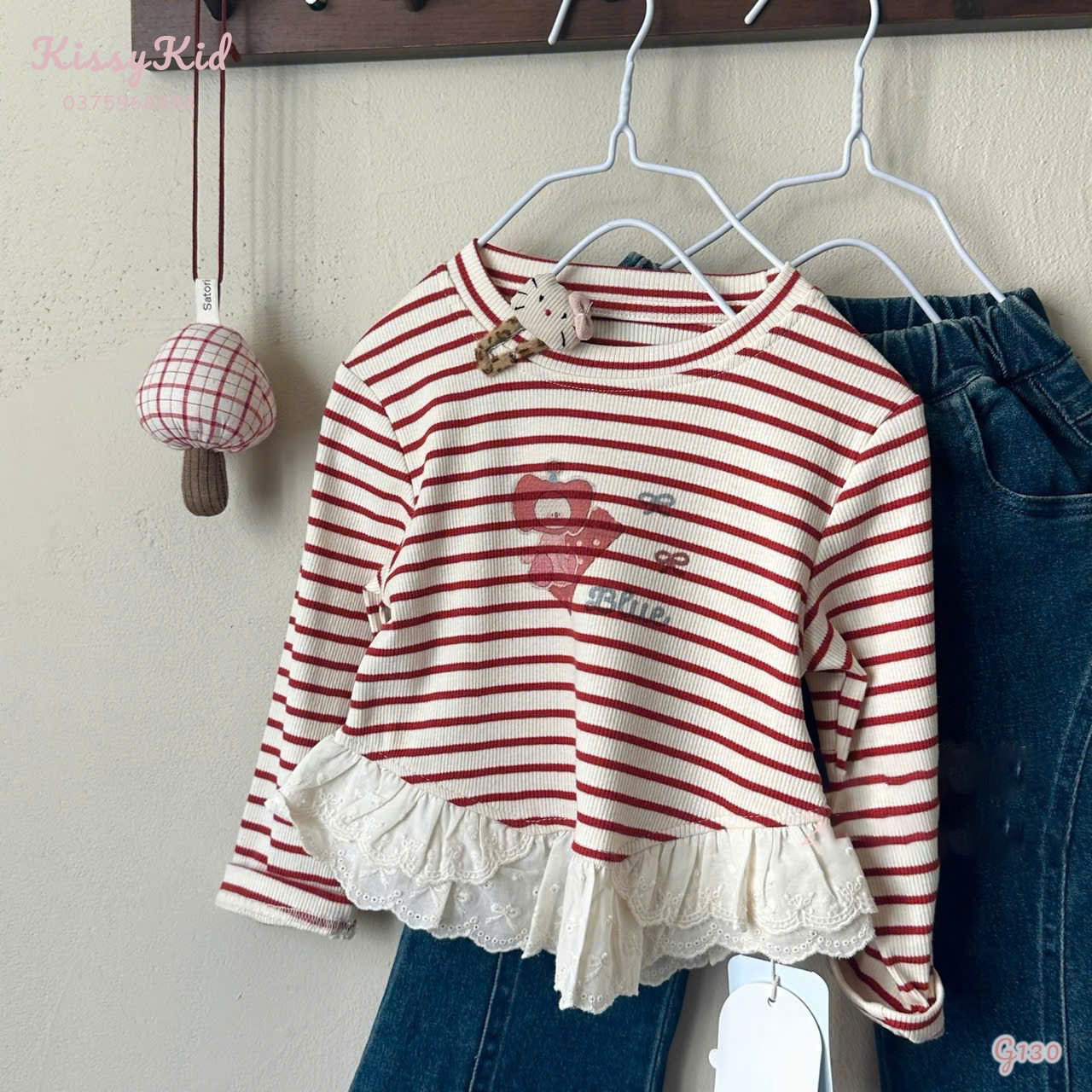 (G130) Áo nỉ mỏng kẻ đỏ liền bèo Hey Mingxing_thumbnail_0