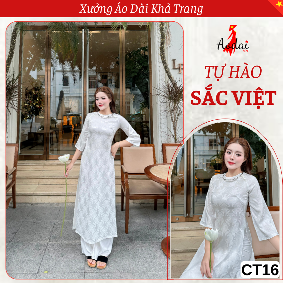 CT16 Áo Dài Cách Tân Dáng Suông Gấm Thọ Rơi màu Trắng Cổ Tròn Tay Lỡ