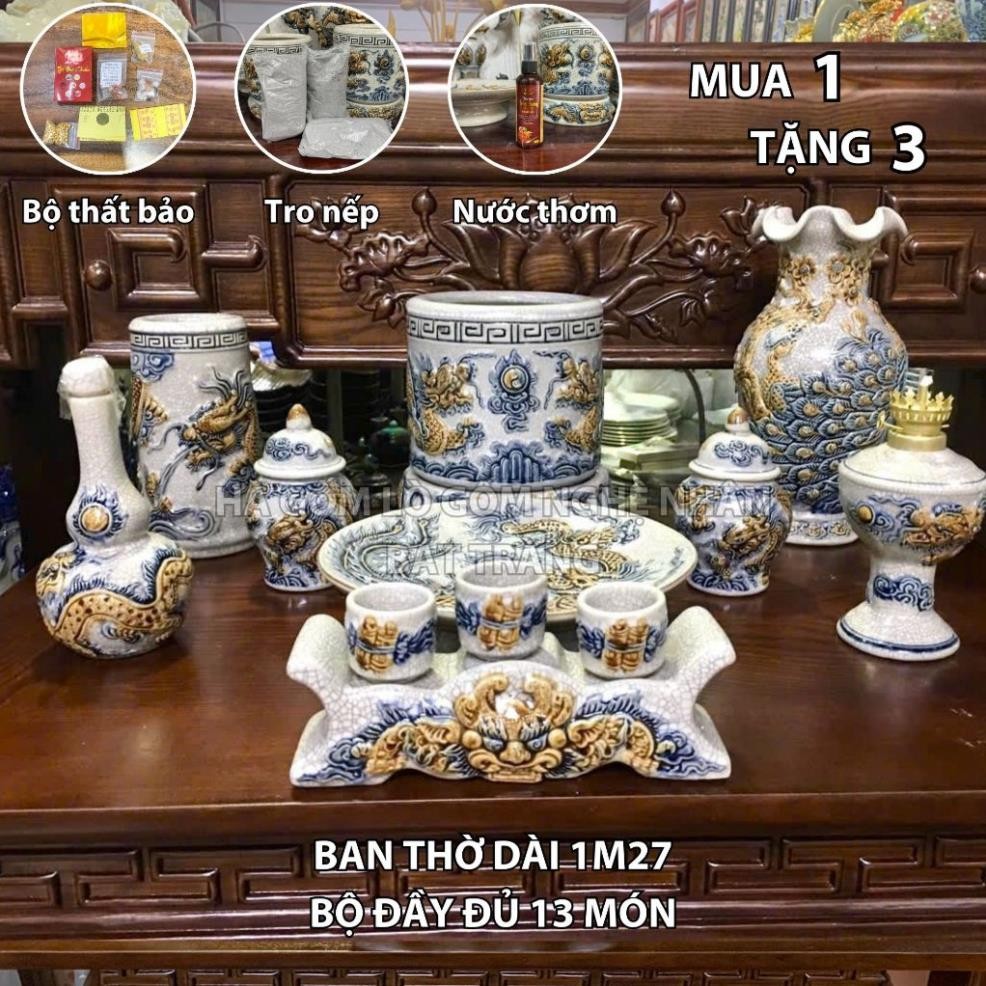 HG066 Đồ Thờ Cúng Bộ 13 món ban thờ 1M27 men rạn nổi nghệ nhân Bát Tràng chế tác TẶNG Thất Bảo, Tro Nếp