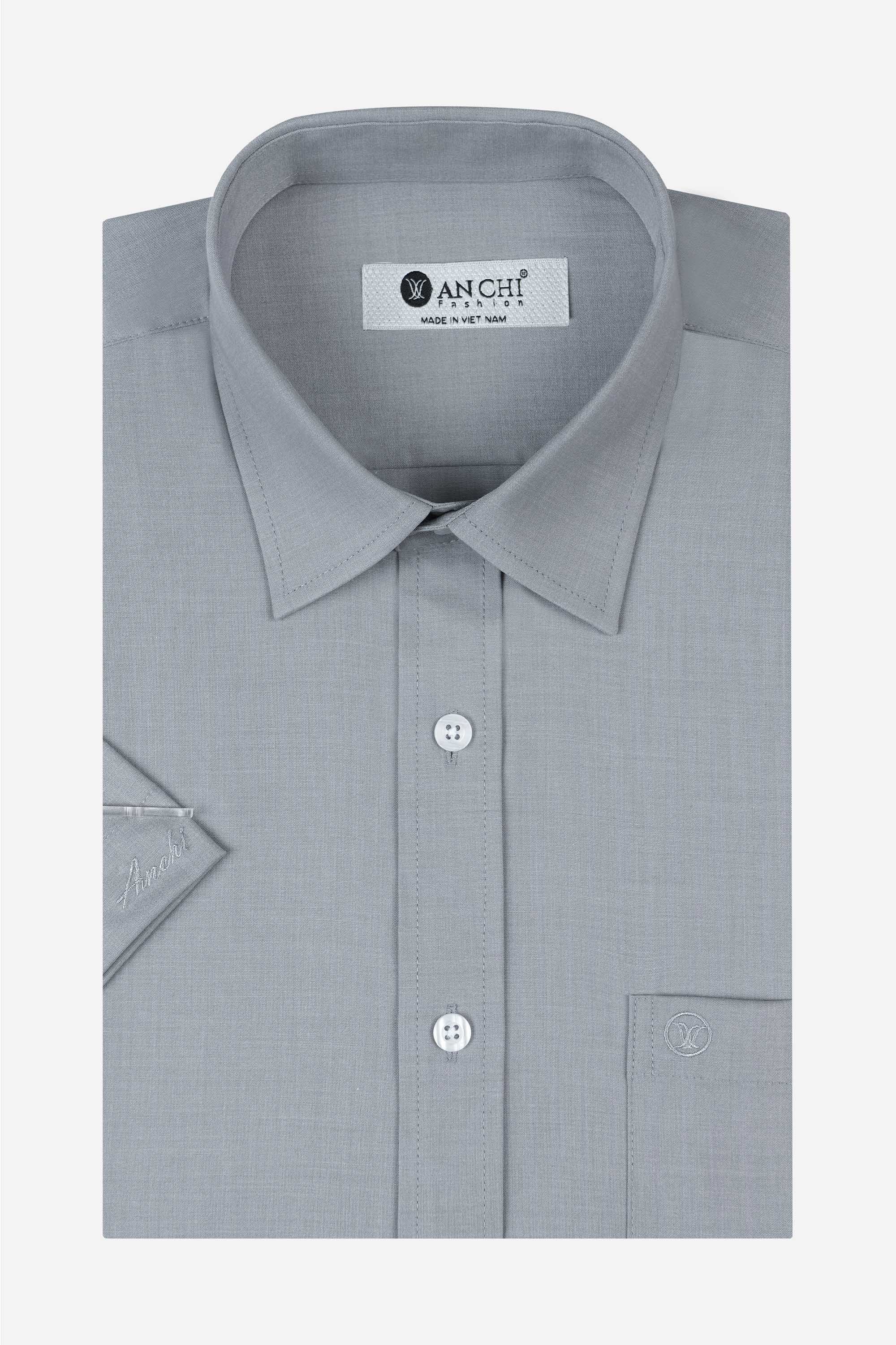 Áo Sơ Mi Trơn Cộc Tay Nam Trung Niên ANCHI Chất Liệu Sợi Gỗ Thoáng Mát Màu Ghi