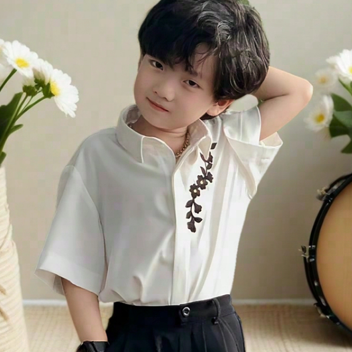 Sơ Mi Lụa Kem Hoa Đen Và Quần Suông Đen Cho Bé Trai,, Bé Gái_thumbnail_9