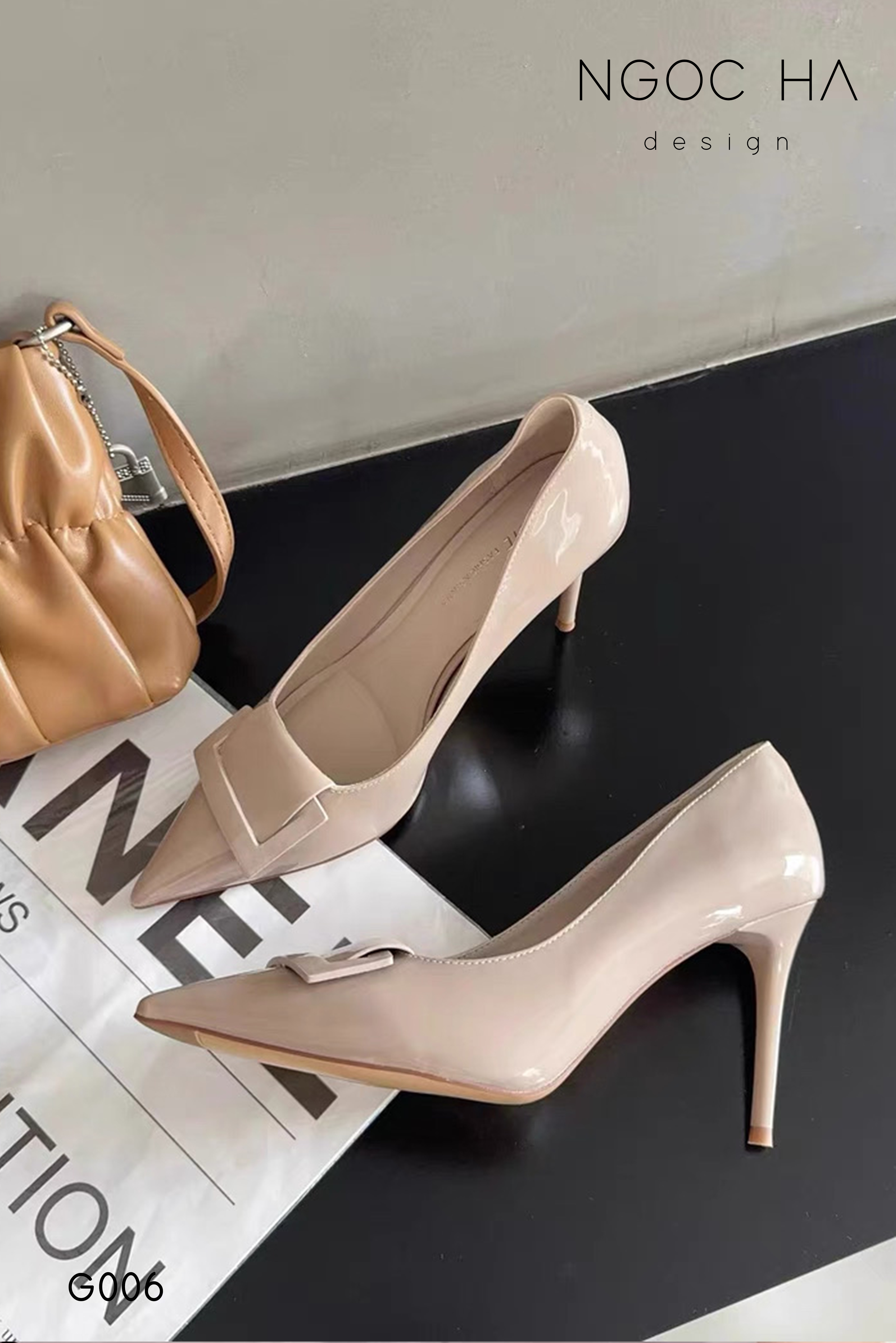 G006_ Giày Cao Gót Mũi Nhọn Đính Bản Vuông