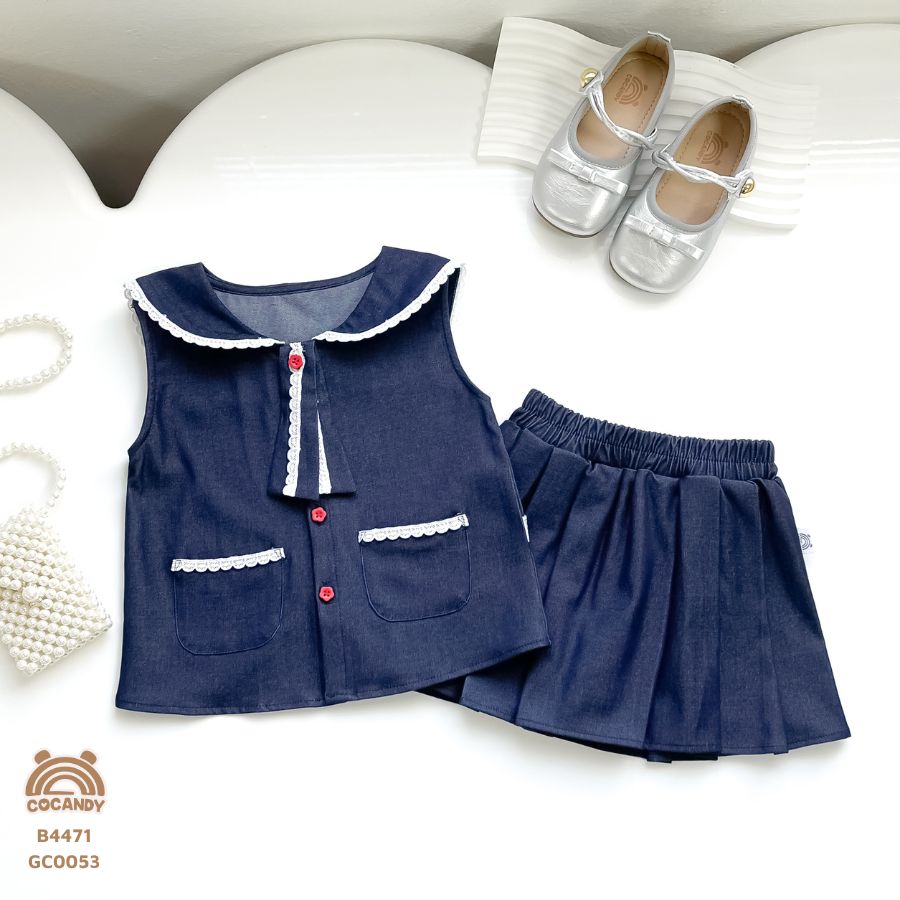 Bộ cộc XANH DENIM cúc đỏ + chân váy xếp ly_thumbnail_6