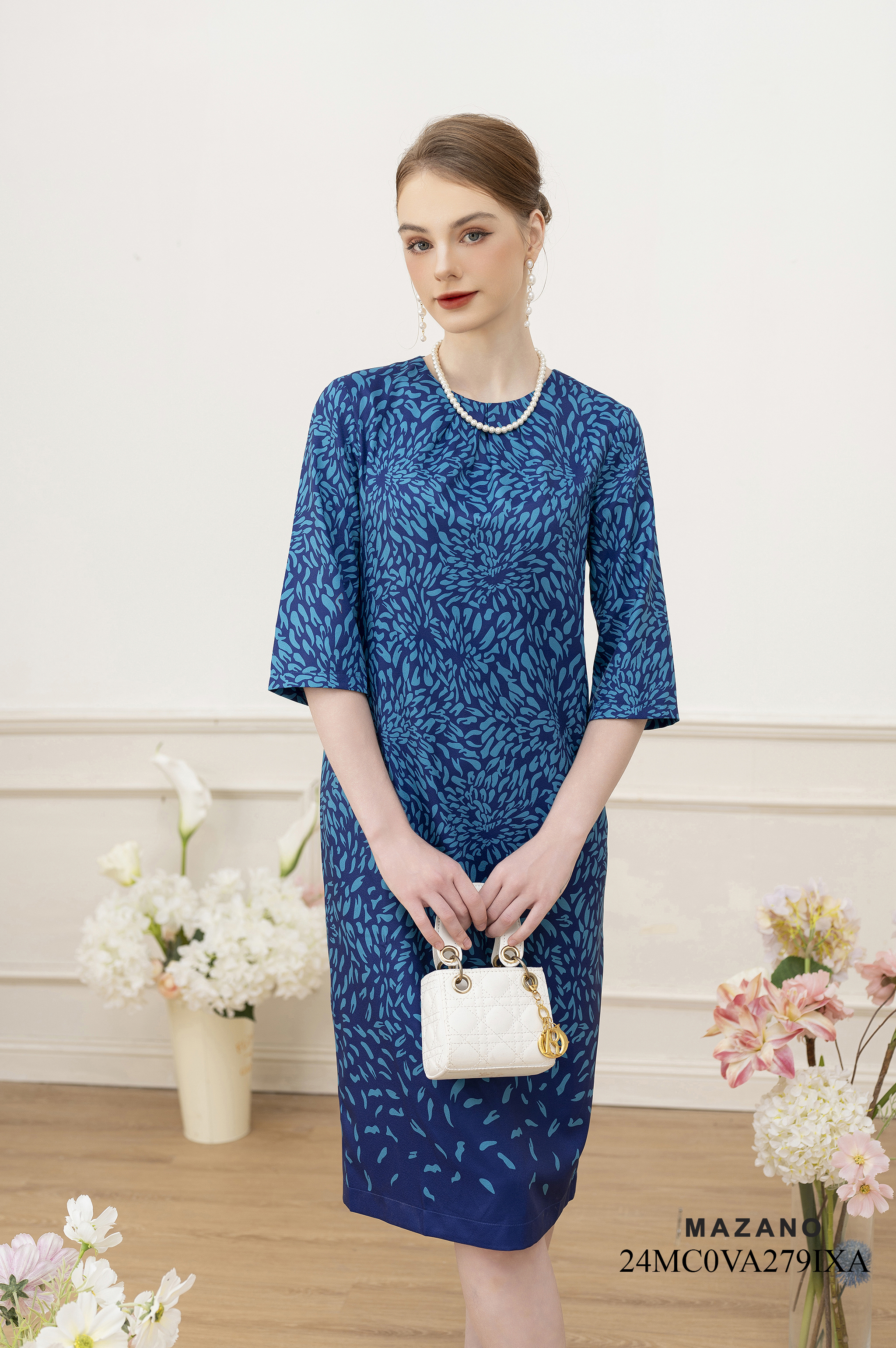 Váy Đầm suông Vải thô Hoạ tiết cách điệu Cổ tròn Tay lỡ Dài đến bắp chân_thumbnail_2