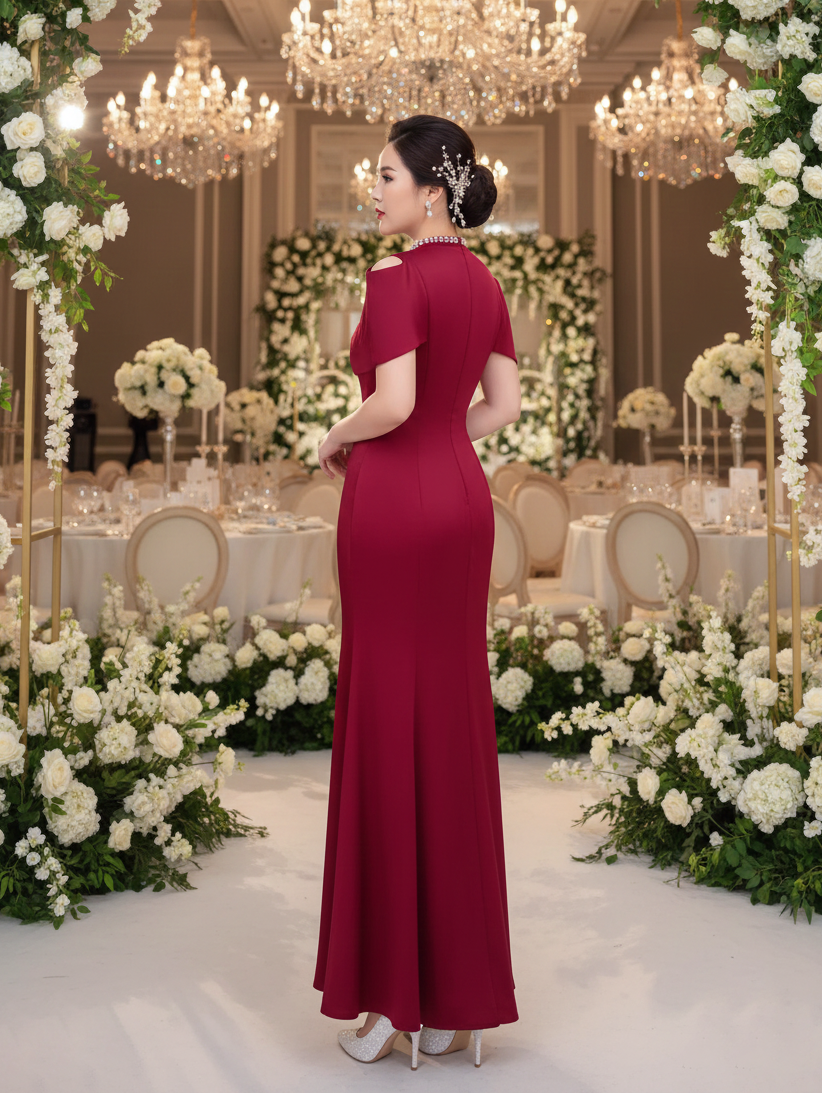 Đầm dự tiệc dạ hội xếp bèo cổ lọ phối tay cao cấp_thumbnail_2