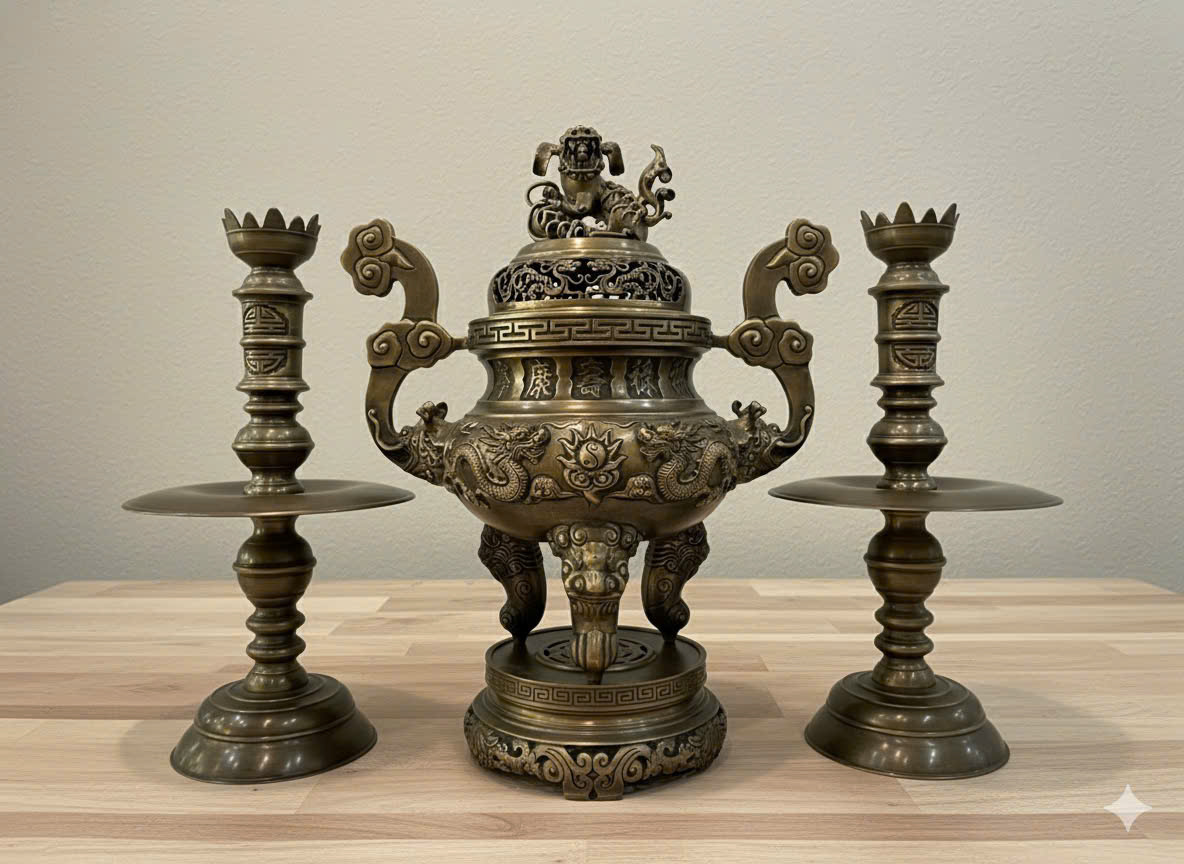 Bộ đỉnh thờ tam sự cao 60cm đồng vàng hun màu giả cổ _thumbnail_1