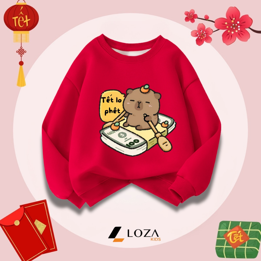 Áo nỉ đỏ sweater cho bé in hình Capybara Tết 2026 - Loza Kids IN009
