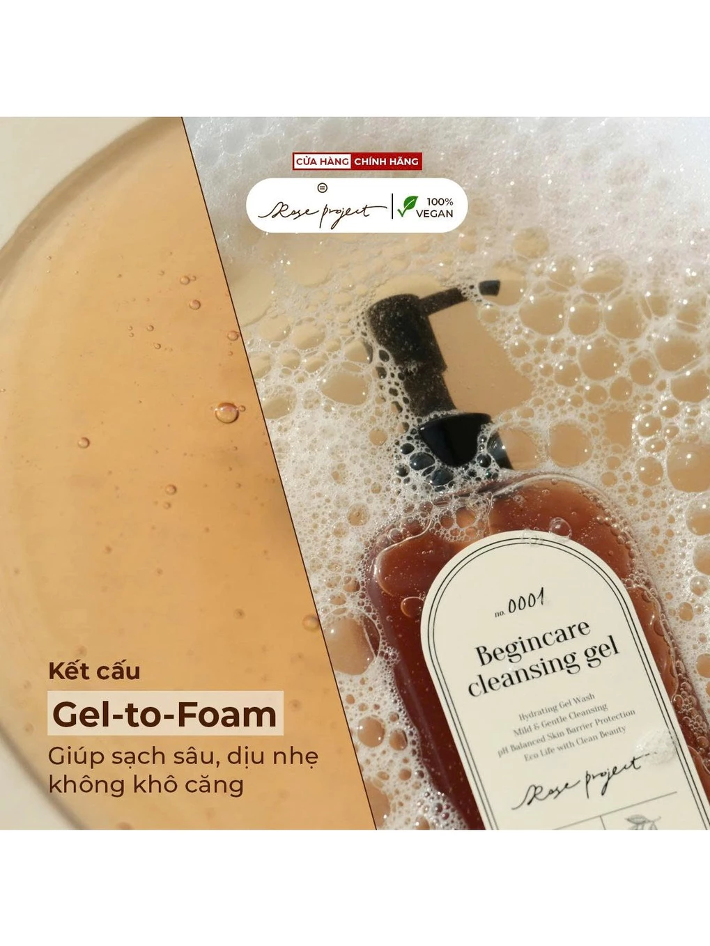 ROSE PROJECT BEGINCARE CLEANSING GEL - Gel Rửa Mặt Thuần Chay Làm Sạch Sâu Dịu Nhẹ Cho Da Mụn - Chiết Xuất Ca Cao, Rau Má, Dừa - 250ml - [RP001]_thumbnail_1