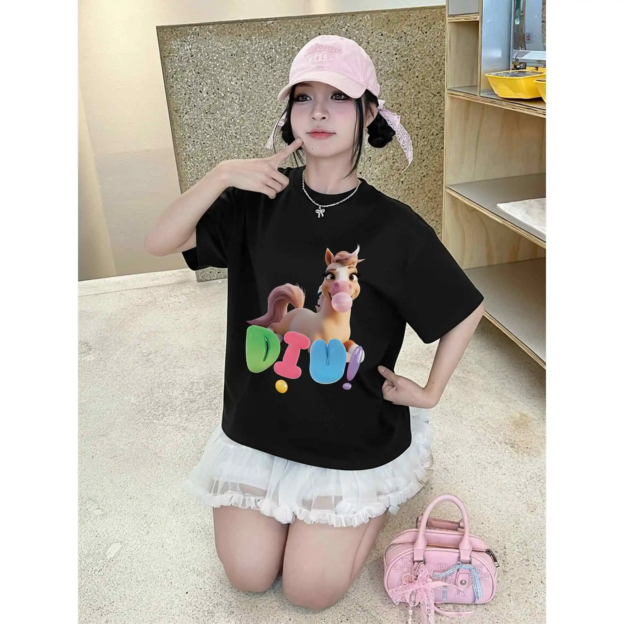 Áo thun nữ form boxy Miucho Club cotton dày dặn thoáng mát cổ tròn hình ngựa dễ thương in mix 2828_thumbnail_5