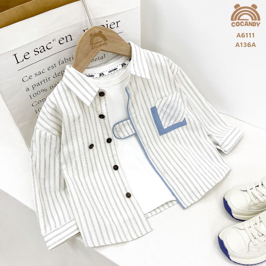 Áo dài sơ mi BE kẻ sọc túi ngực phối XDƯƠNG_thumbnail_6