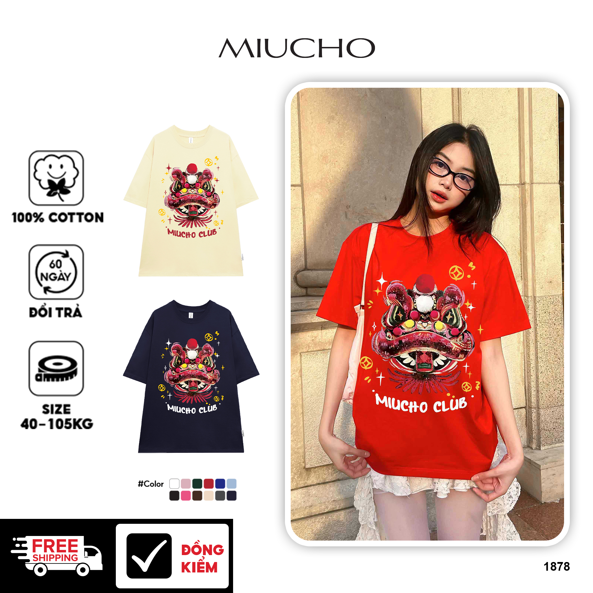 Áo thun tết form rộng 1878 Miucho cổ tròn chất vải cotton 4c thoáng mát in basic