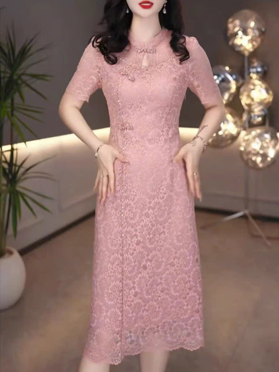 18017-Đầm suông ren màu hồng san hô cổ tàu cách điệu ( ren, lót)_thumbnail_1