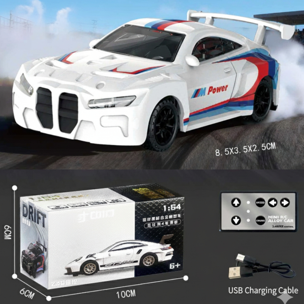 Xe Đua Mini Hợp Kim Điều Khiển Từ Xa 2.4G, 1:64,  Pin Sạc USB, Điều Khiển Điện Thoại, Đèn LED