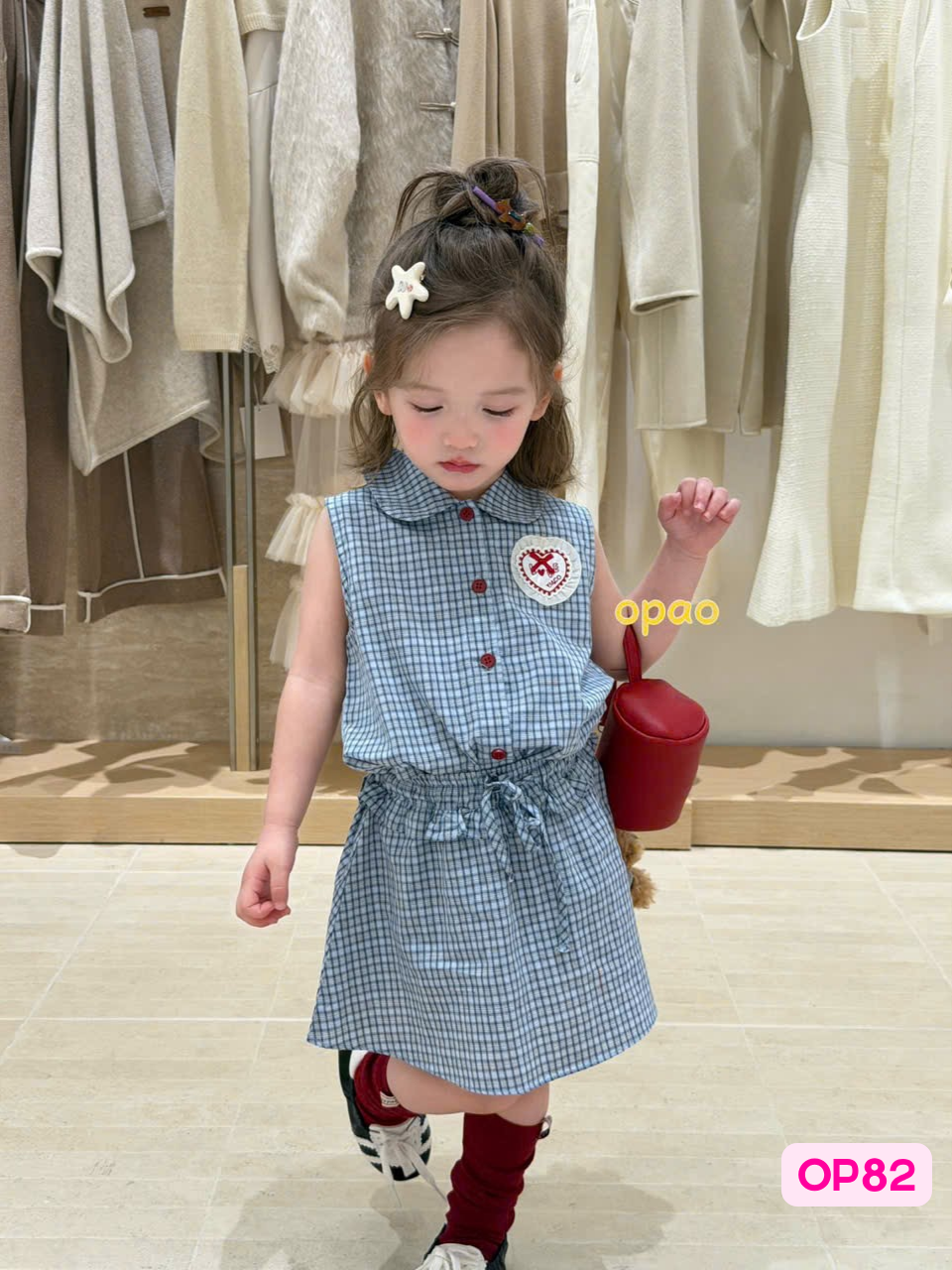 OP82 - Set áo sơ mi sát nách caro xanh + chân váy caro dây rút hãng Opao