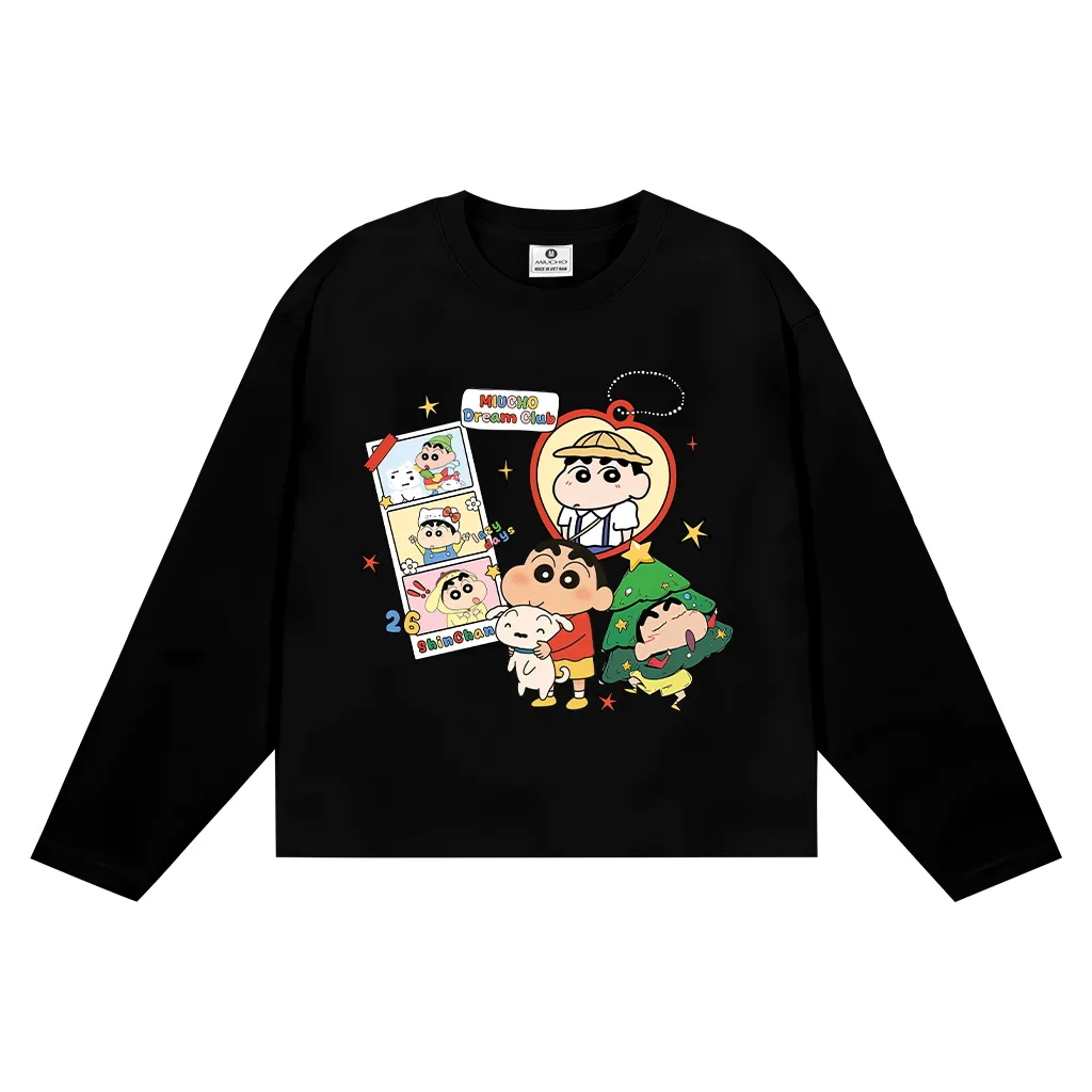 Áo thun boxy tay dài Miucho vải cotton co giãn 2 chiều thoáng mát hình Cu Shin đáng yêu in mix 2770