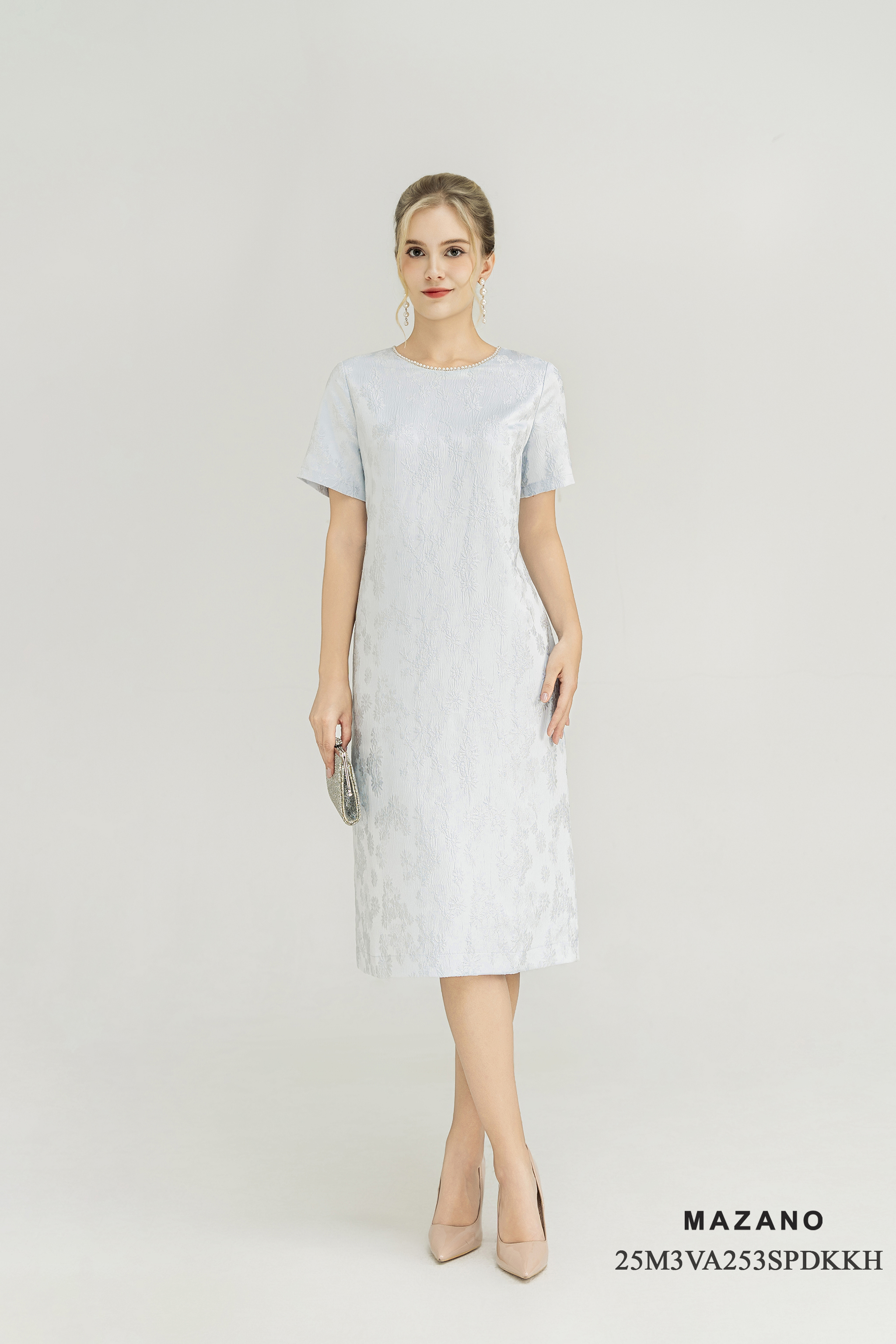 Váy đầm suông Vải tafta gấm Họa tiết hoa chìm 3D Cổ tròn Trang trí đính ngọc trai Tay ngắn Dài đến bắp chân