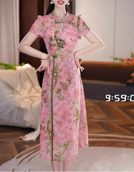 18270-Đầm voan suông A xẻ tà , cổ kết nút tàu  cách điệu ( voan, lót)