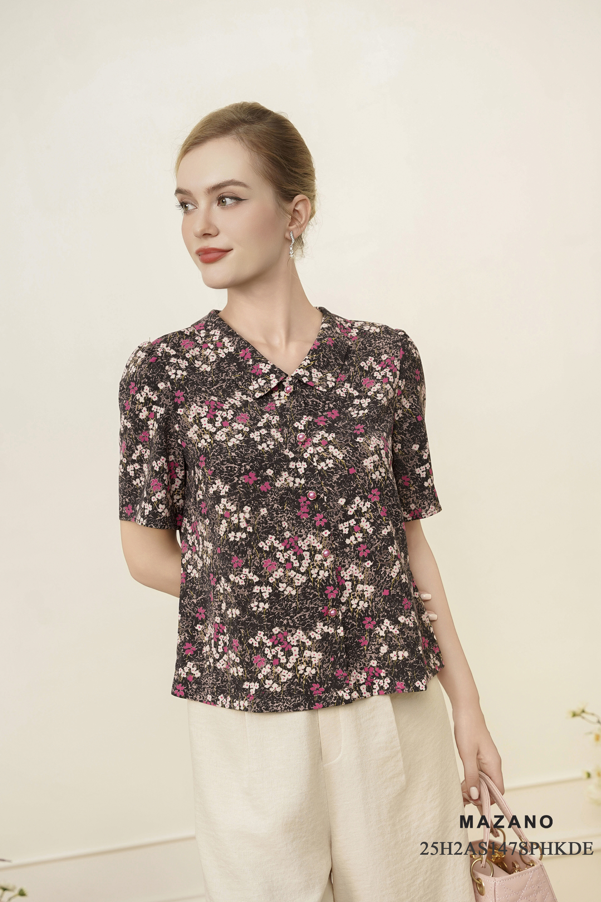 Áo sơ mi suông cài khuy Vải thô mỏng Họa tiết cách điệu Cổ bẻ Tay ngắn Dài áo qua eo