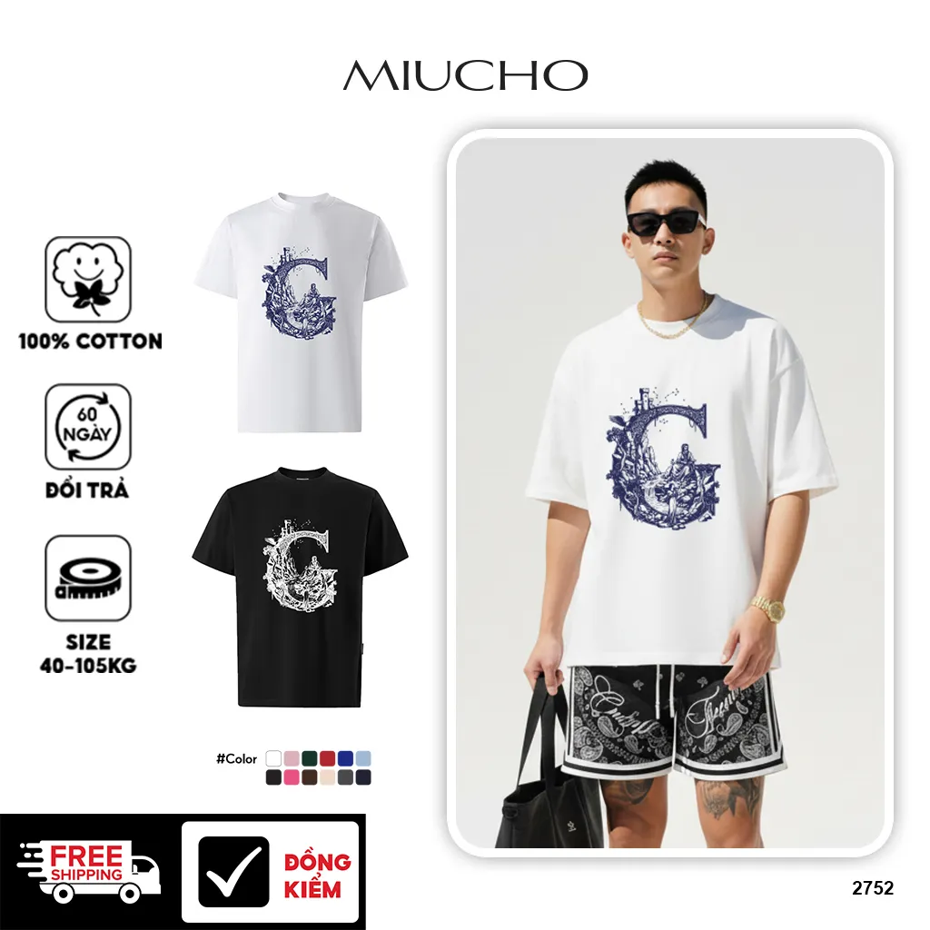 Áo thun oversize nam Miucho Iconic vải cotton thoáng mát cổ tròn tay ngắn trẻ trung in chữ cái G 2752