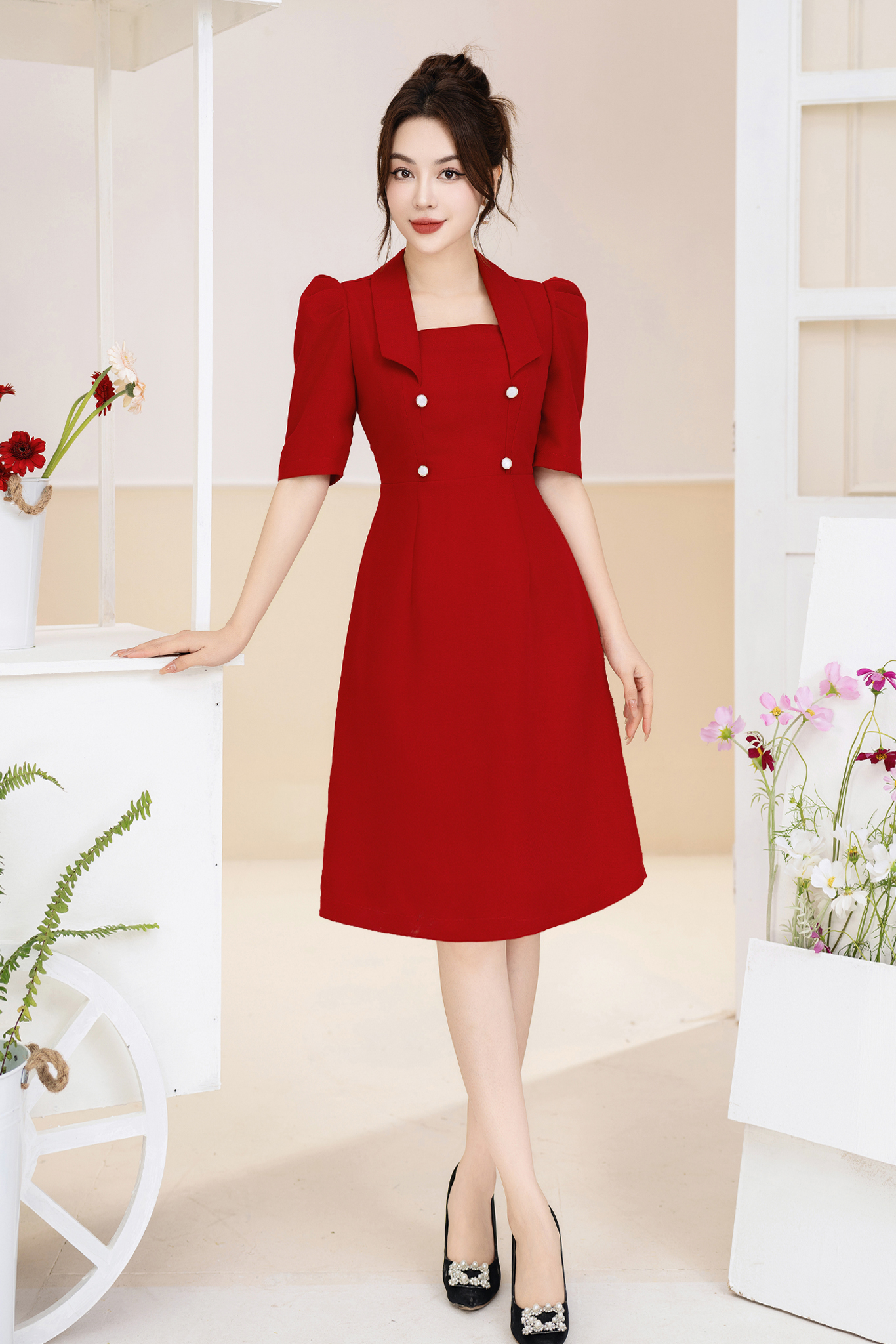 Đầm A đỏ cổ vuông đính cúc ngực_thumbnail_2