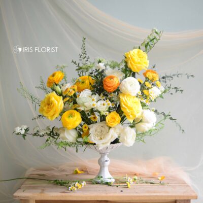 Flower Arrangement with candle holder (Yellow Tone) by Iris Florist