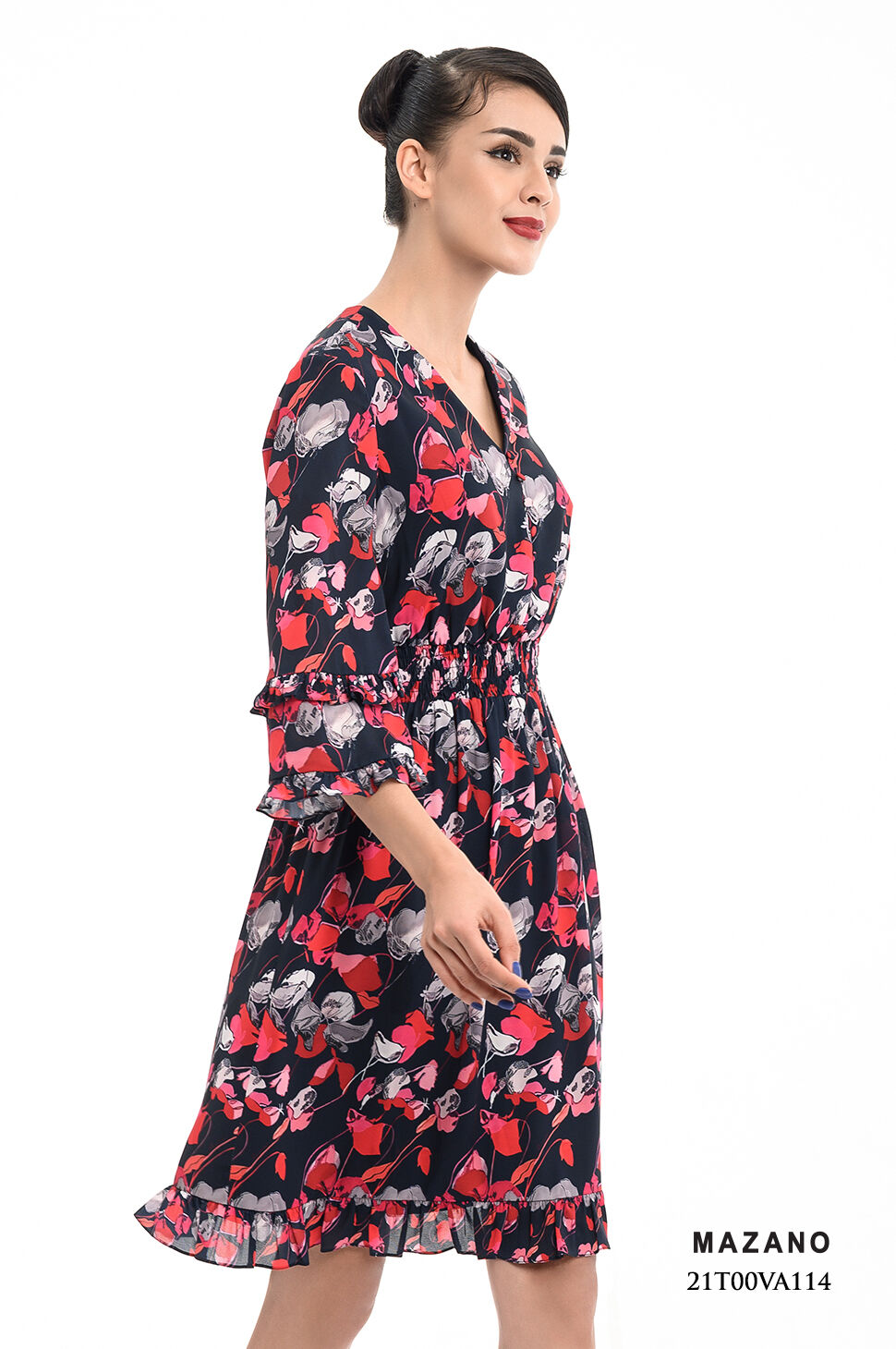 Đầm họa tiết hoa cách điệu chun eo tay gấu bèo Mazano_thumbnail_1