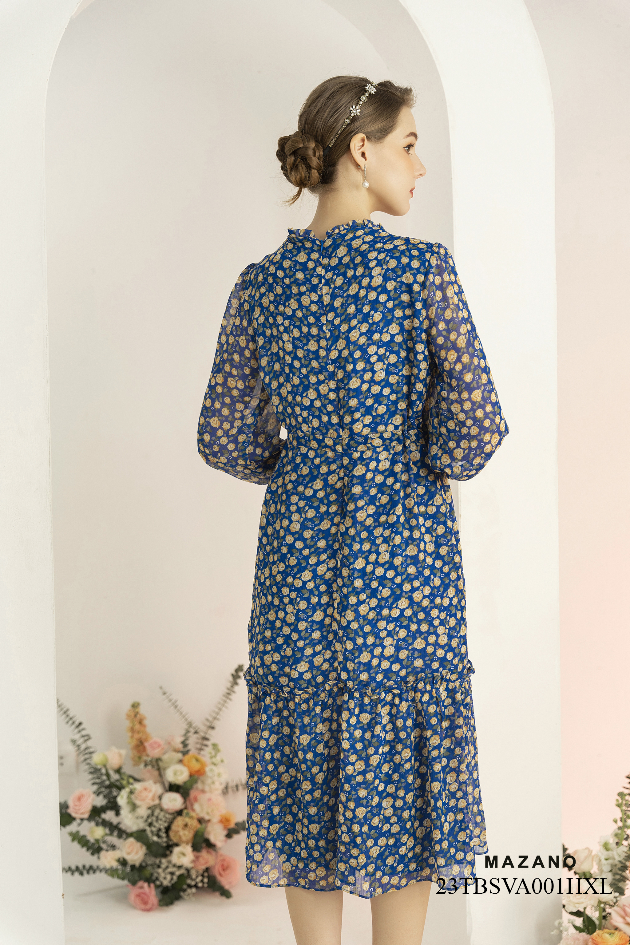 Đầm voan xanh thắt eo họa tiết hoa vàng_thumbnail_4