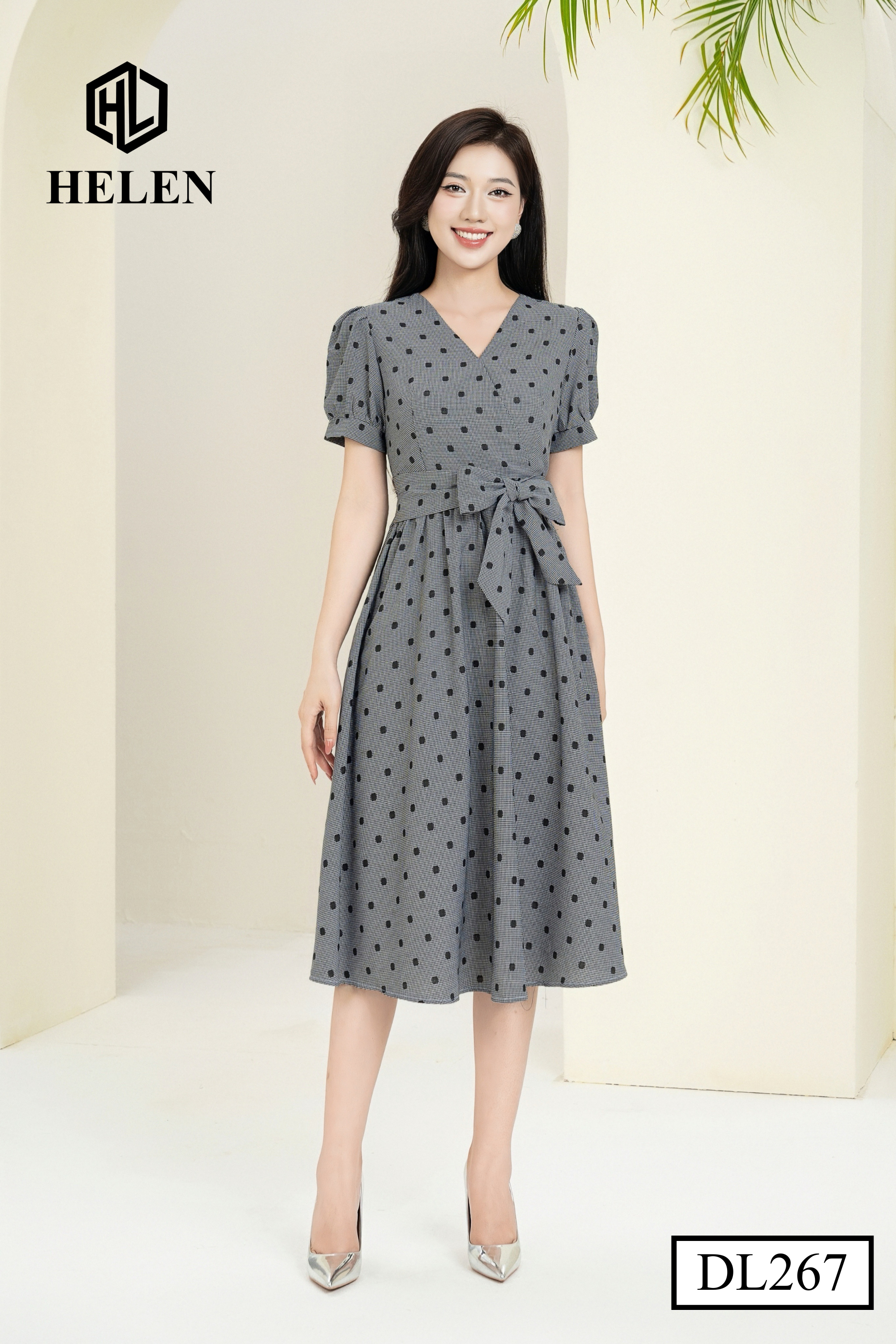 Đầm xòe chấm bi đen thắt nơ eo DL267_thumbnail_2