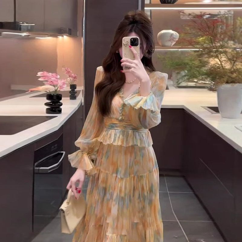 Váy Maxi Vàng Phối Màu Dáng Dài Tay Dài Cổ V – Bộ Hai Mảnh Thanh Lịch_thumbnail_1