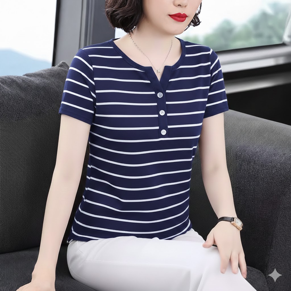 ATF007-Áo Thun Kẻ Cổ Xẻ Phối Cúc