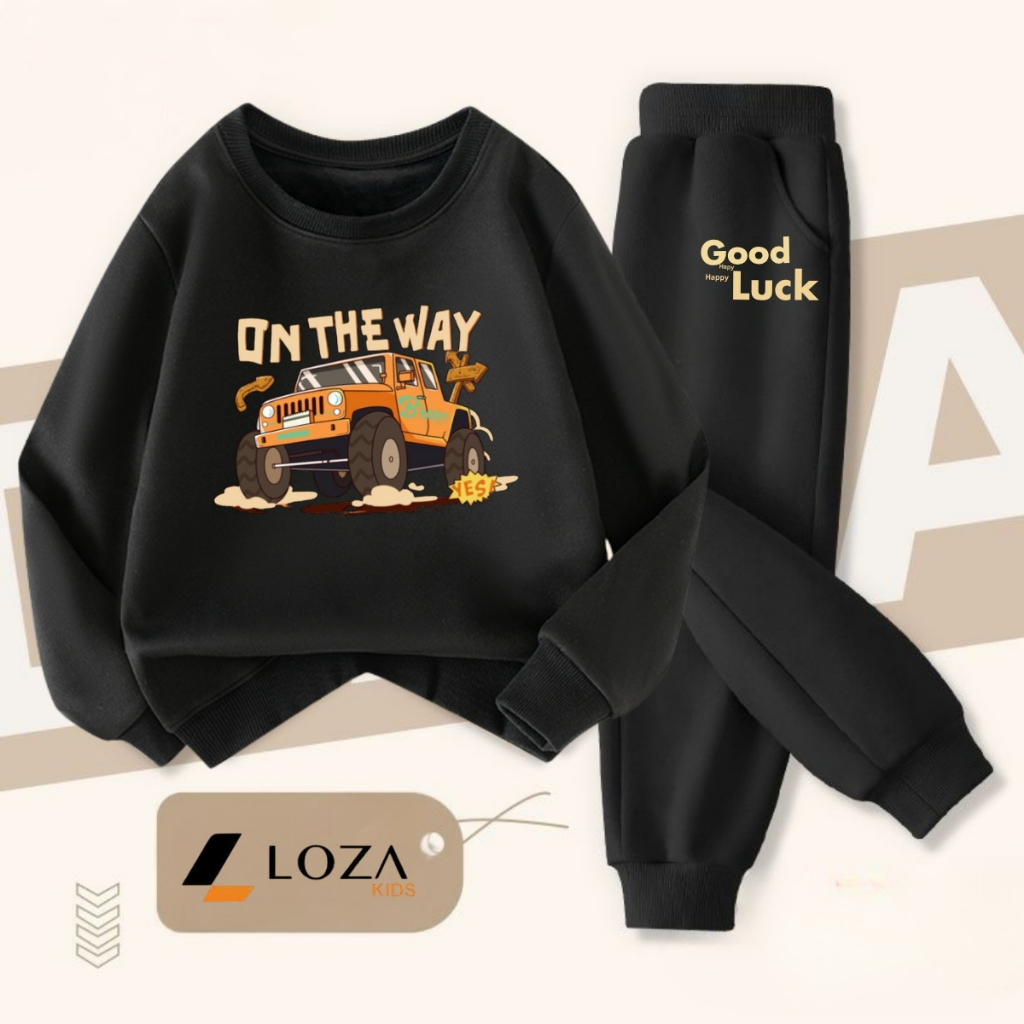 Bộ nỉ bé trai in hình xe ô tô on the way - Loza Kids BI480