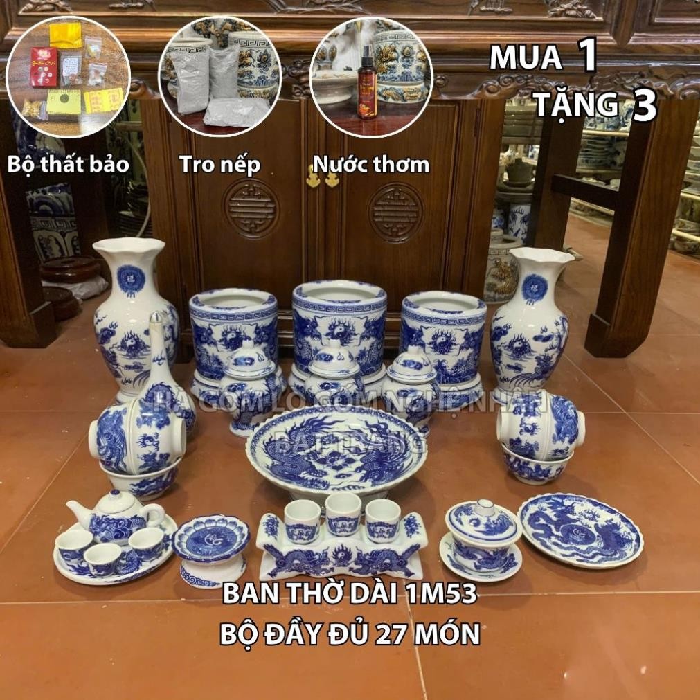 HG357 Đồ Thờ Cúng Bộ 27 món ban thờ 1M53 men lam nghệ nhân Bát Tràng chế tác TẶNG Thất Bảo, Tro Nếp
