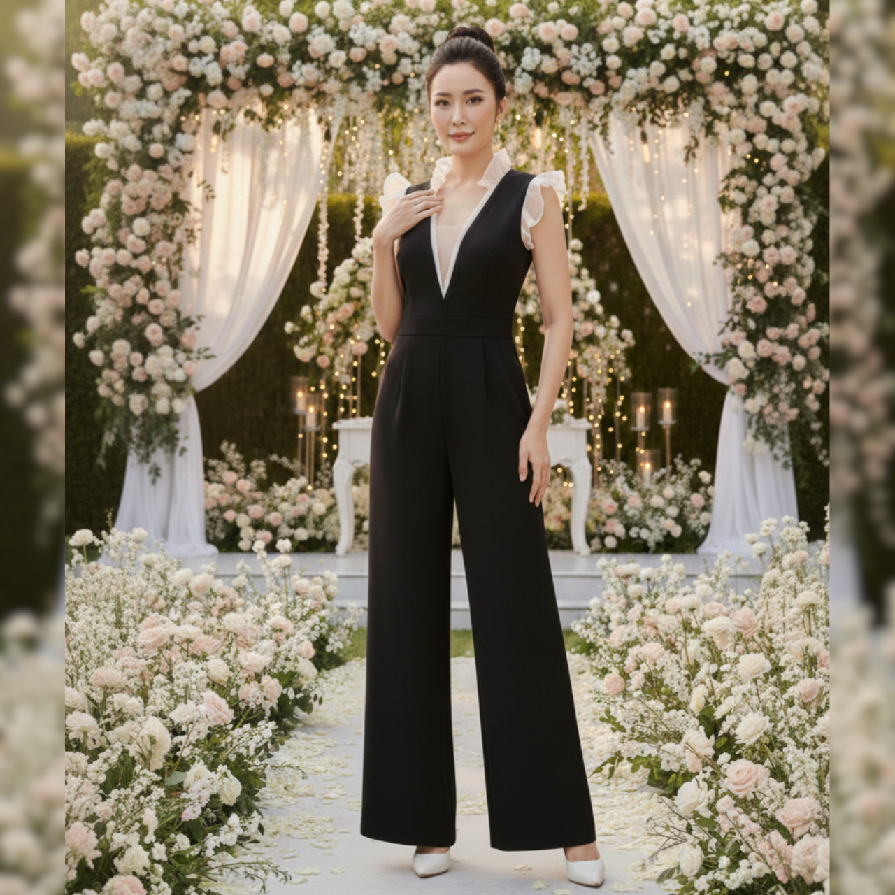 Jumpsuit phối bèo cổ khoét V phong cách