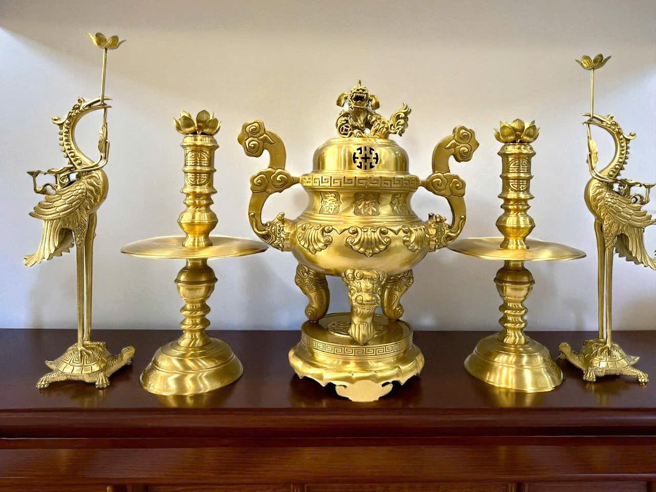 Bộ đỉnh thờ ngũ sự cao 70cm đồng vàng thau màu mộc _thumbnail_2