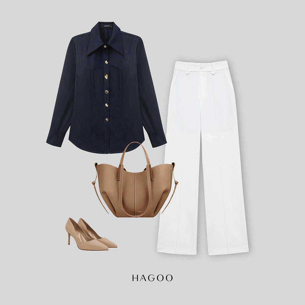 Gợi ý phối đồ cùng áo sơ mi cúc trang trí xẻ sau 4