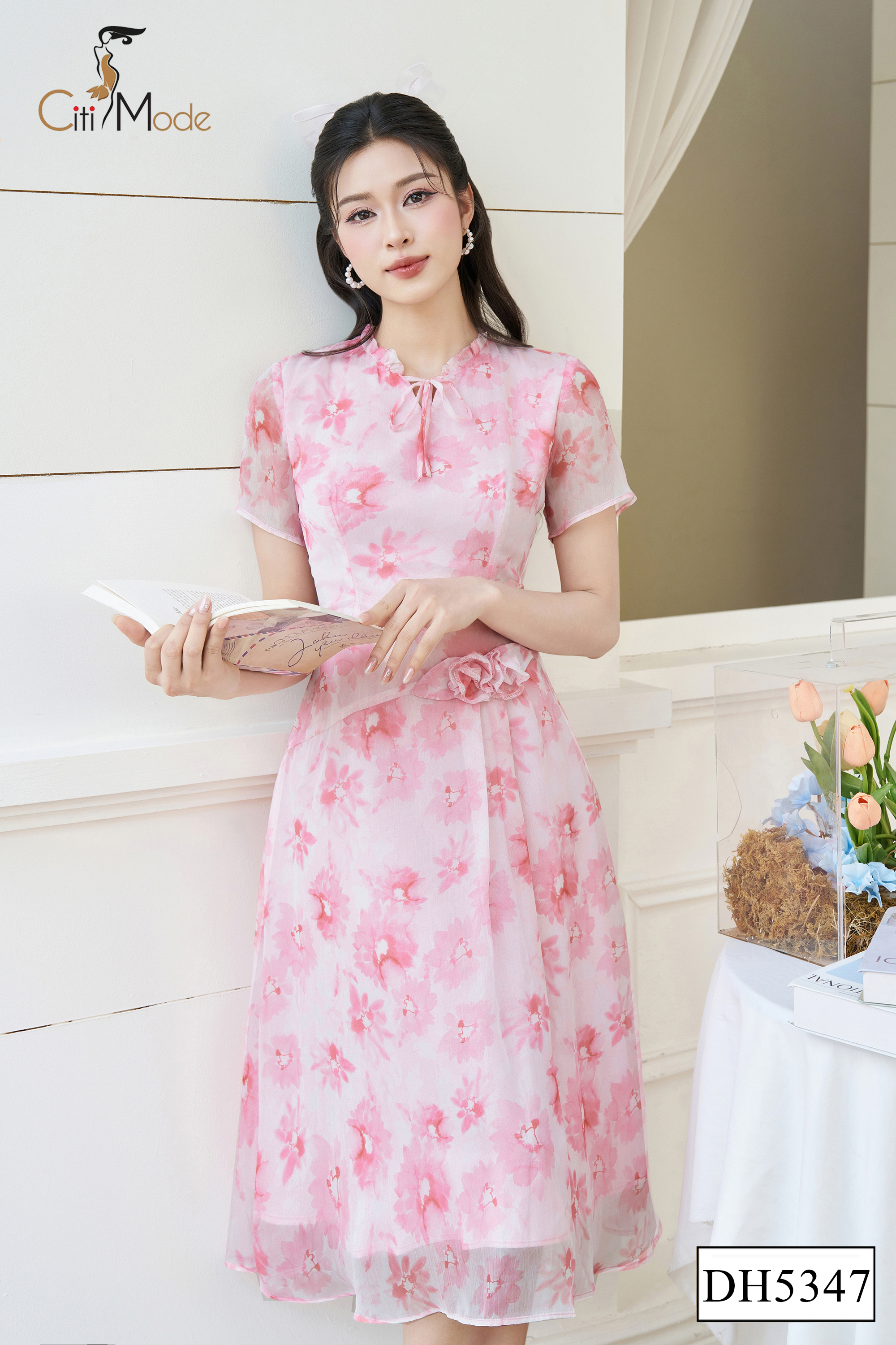Đầm xòe hoa hồng cổ nhún đính hoa eo_thumbnail_1