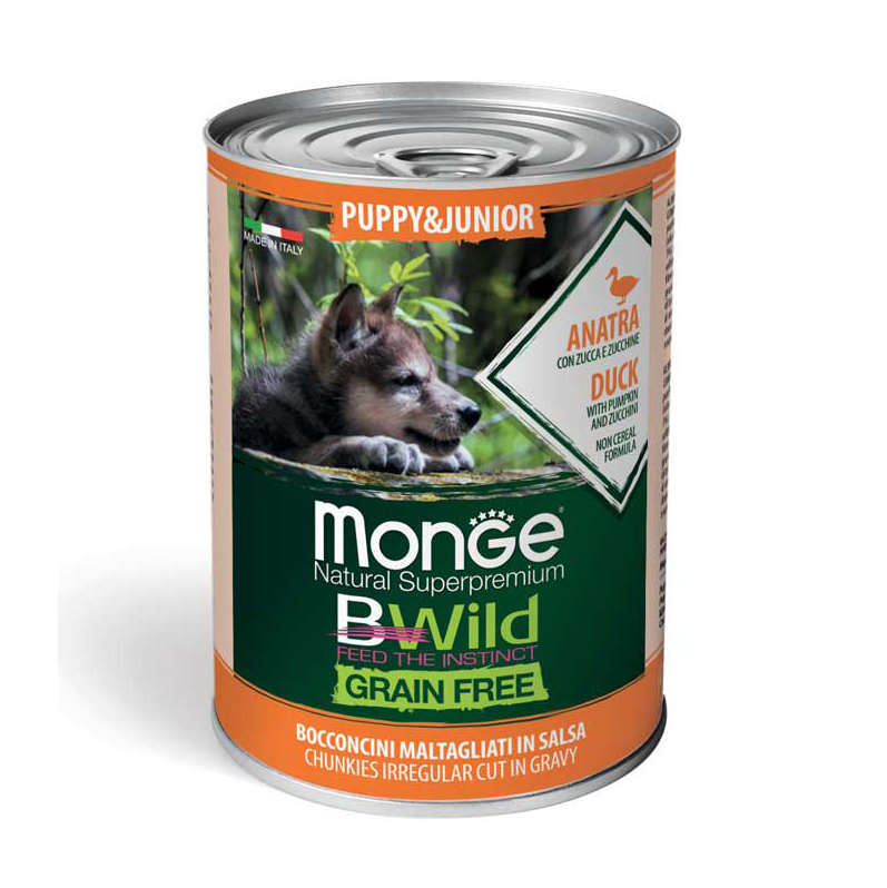 Pate MONGE Bwild cho chó con Grain Free  400gr (Hương vị thịt Vịt, Bí đỏ và Bí Xanh)