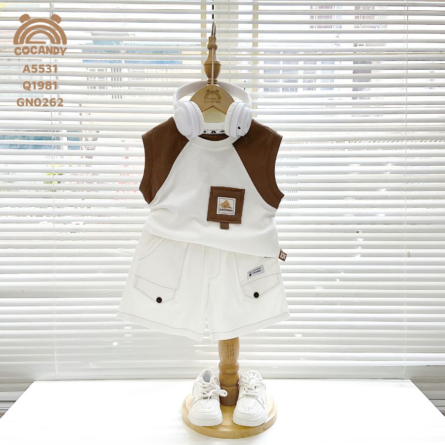 Áo sát nách TRẮNG phối NÂU túi ngực