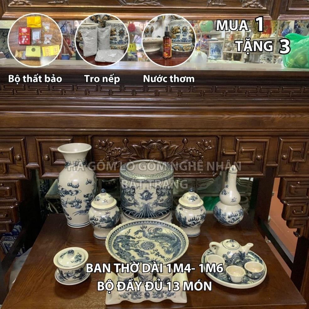 HG013 Đồ Thờ Cúng Bộ 13 món ban thờ 1M4 - 1M6 men rạn trơn nghệ nhân Bát Tràng chế tác TẶNG Thất Bảo, Tro Nếp