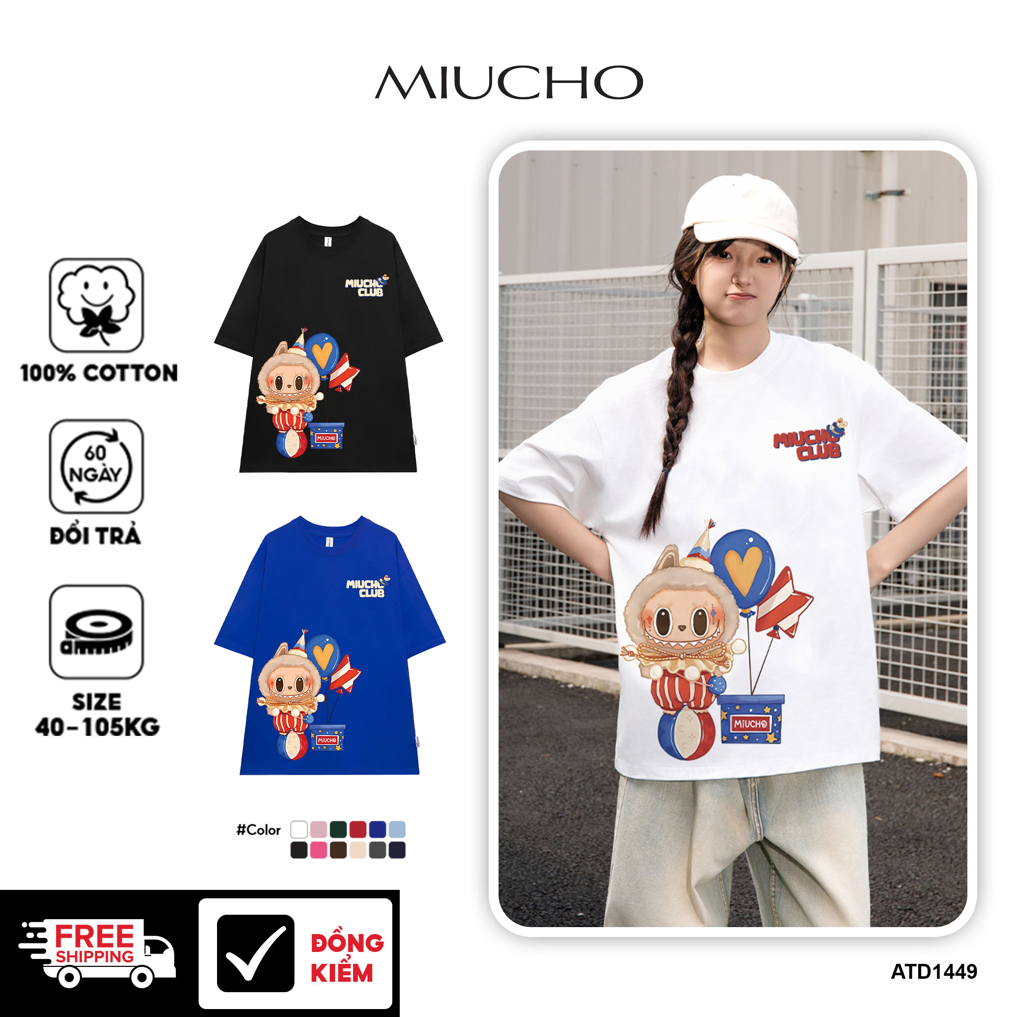 Áo phông labubu form rộng nhiều màu ATD1449 Miucho vải cotton cổ tròn in mix