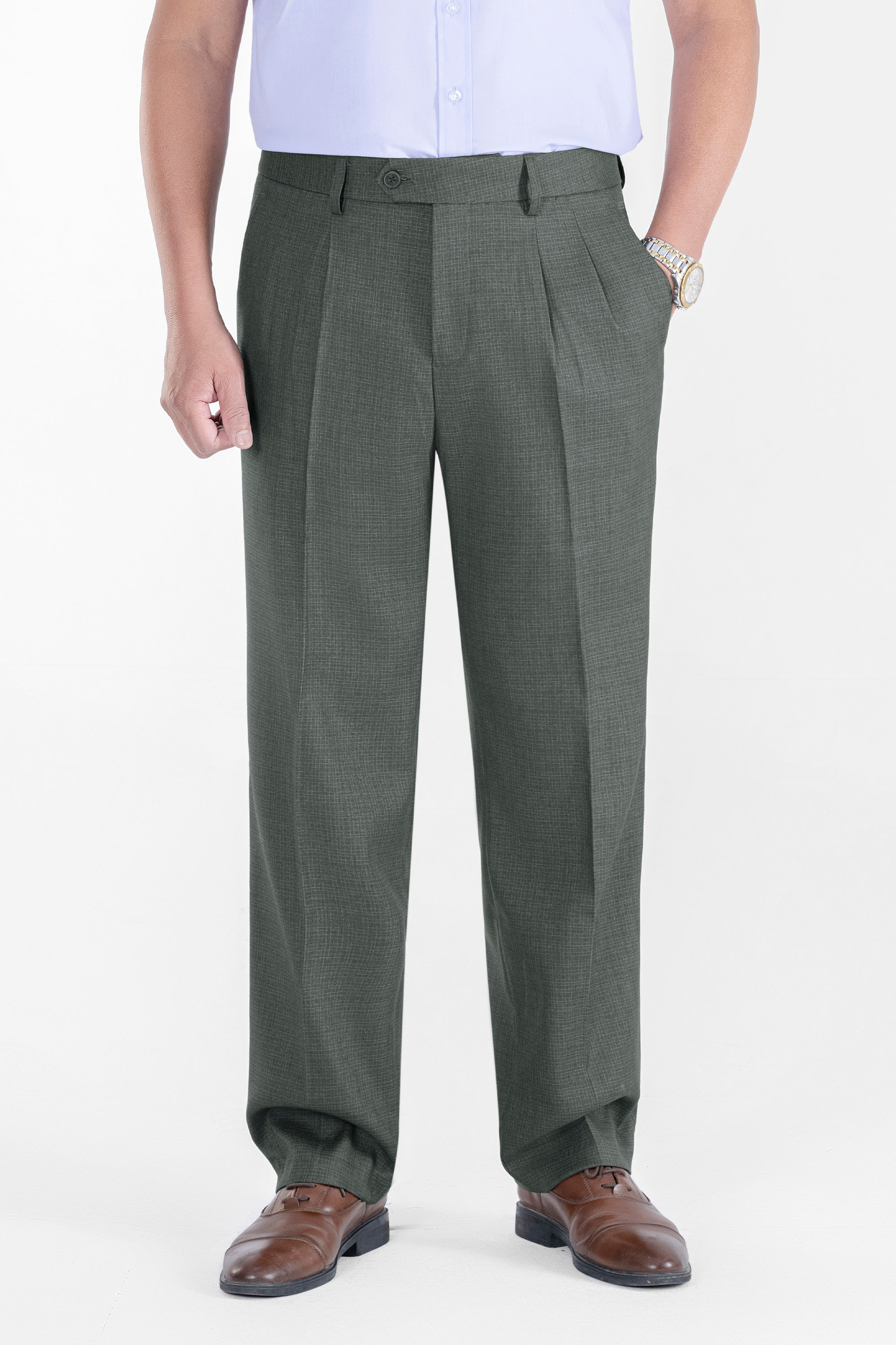 Quần Âu 2 Li Nam Trung Niên ANCHI Chất Liệu Cotton Cao Cấp Phom Suông Ống Rộng Màu Rêu Đậm