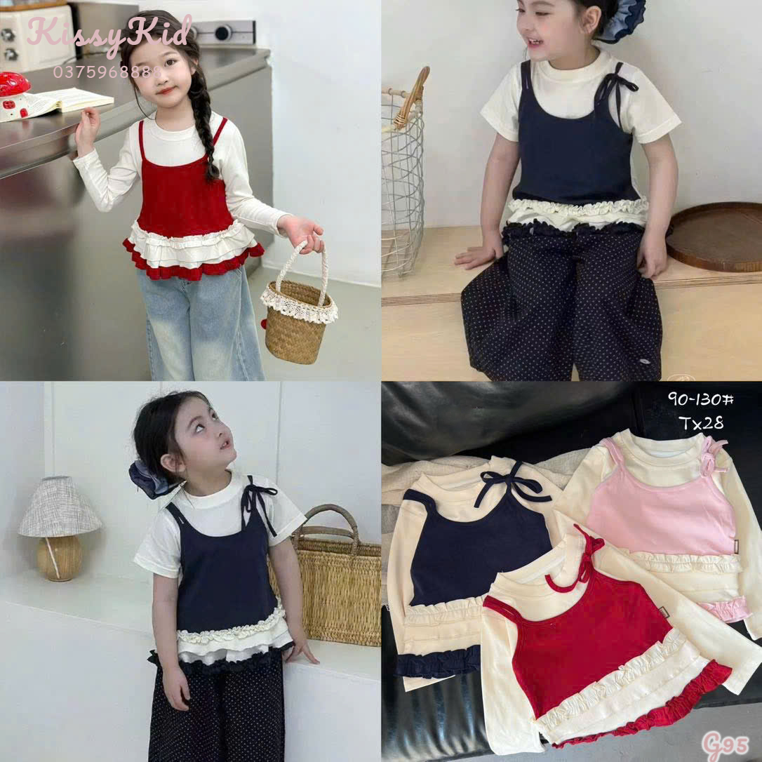 (G95) Áo thun mềm dài tay mix cùng áo 2 dây màu đỏ BABALA