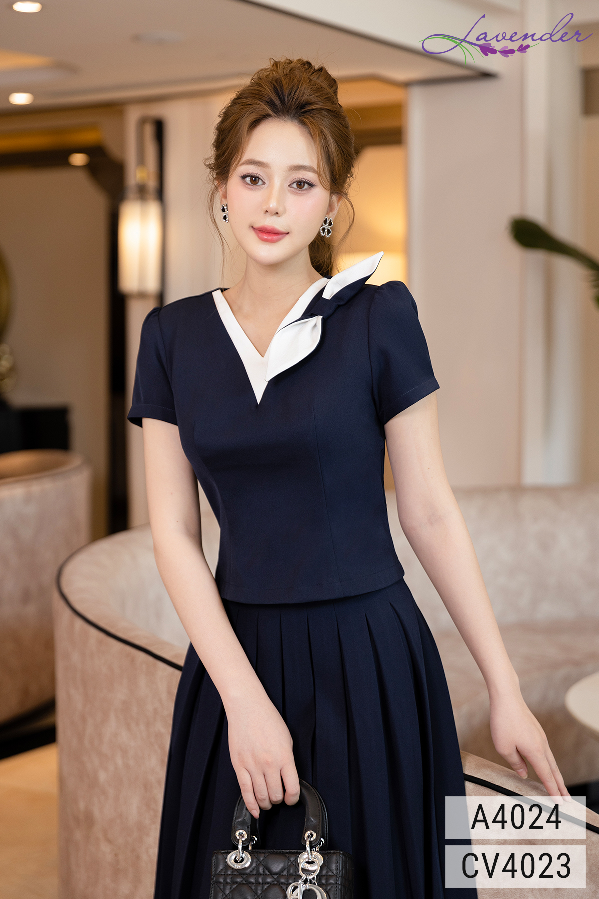 Áo sơ mi tím than cổ V phối trắng tay ngắn  A4024_thumbnail_1