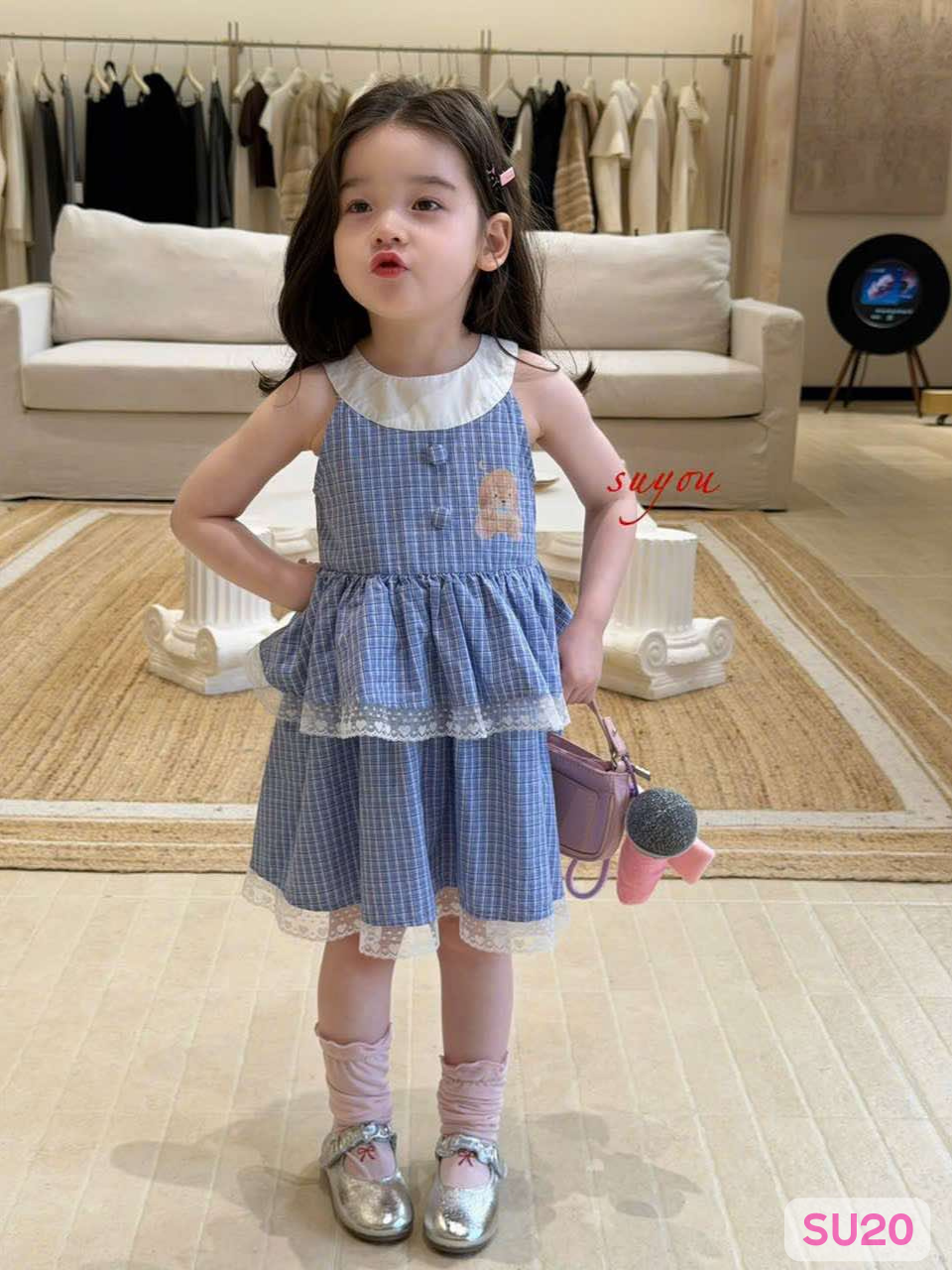 SU20 - Set váy kẻ caro phối ren bèo tầng màu xanh hãng Suyou