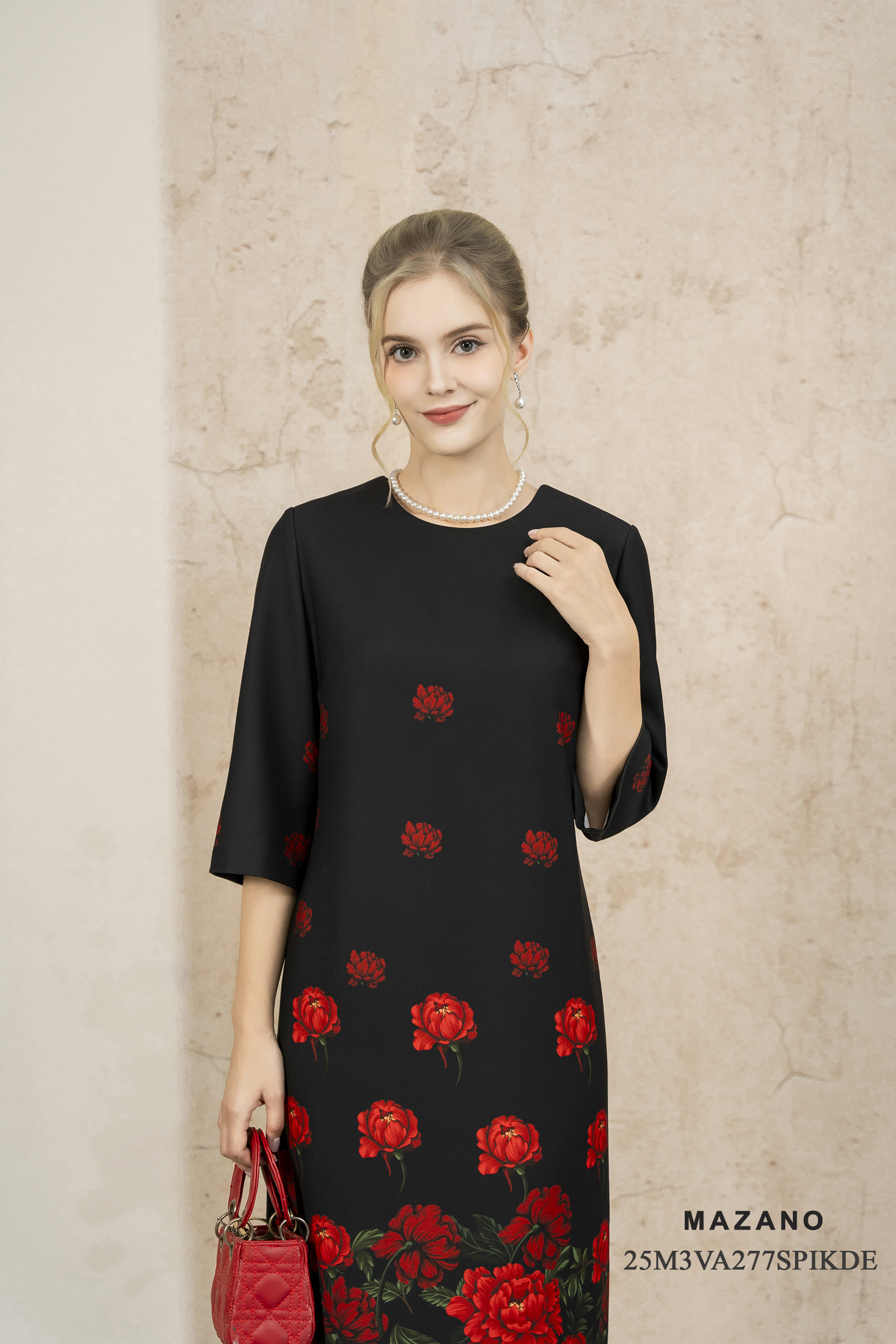 Váy Đầm Suông Vải thô dày Hoạ tiết hoa hồng  Cổ tròn Tay lỡ Dài đến bắp chân_thumbnail_2