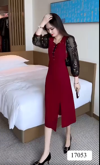 17053- Đầm body dự tiệc đen phối ren kim sa tay (thun poly 2 da)_thumbnail_2