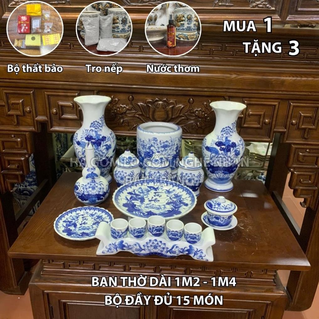 HG212 Đồ Thờ Cúng Bộ 15 món ban thờ 1M2 - 1M4 men lam nghệ nhân Bát Tràng chế tác TẶNG Thất Bảo, Tro Nếp