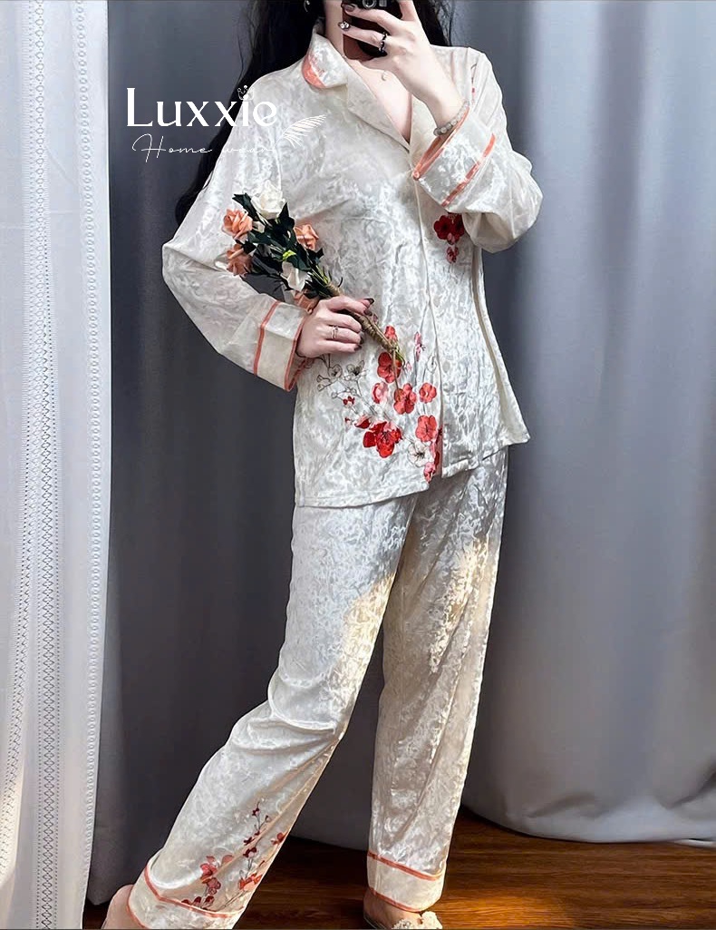 NHUNG20 Pijama vải nhung họa tiết hoa đào đỏ_thumbnail_5