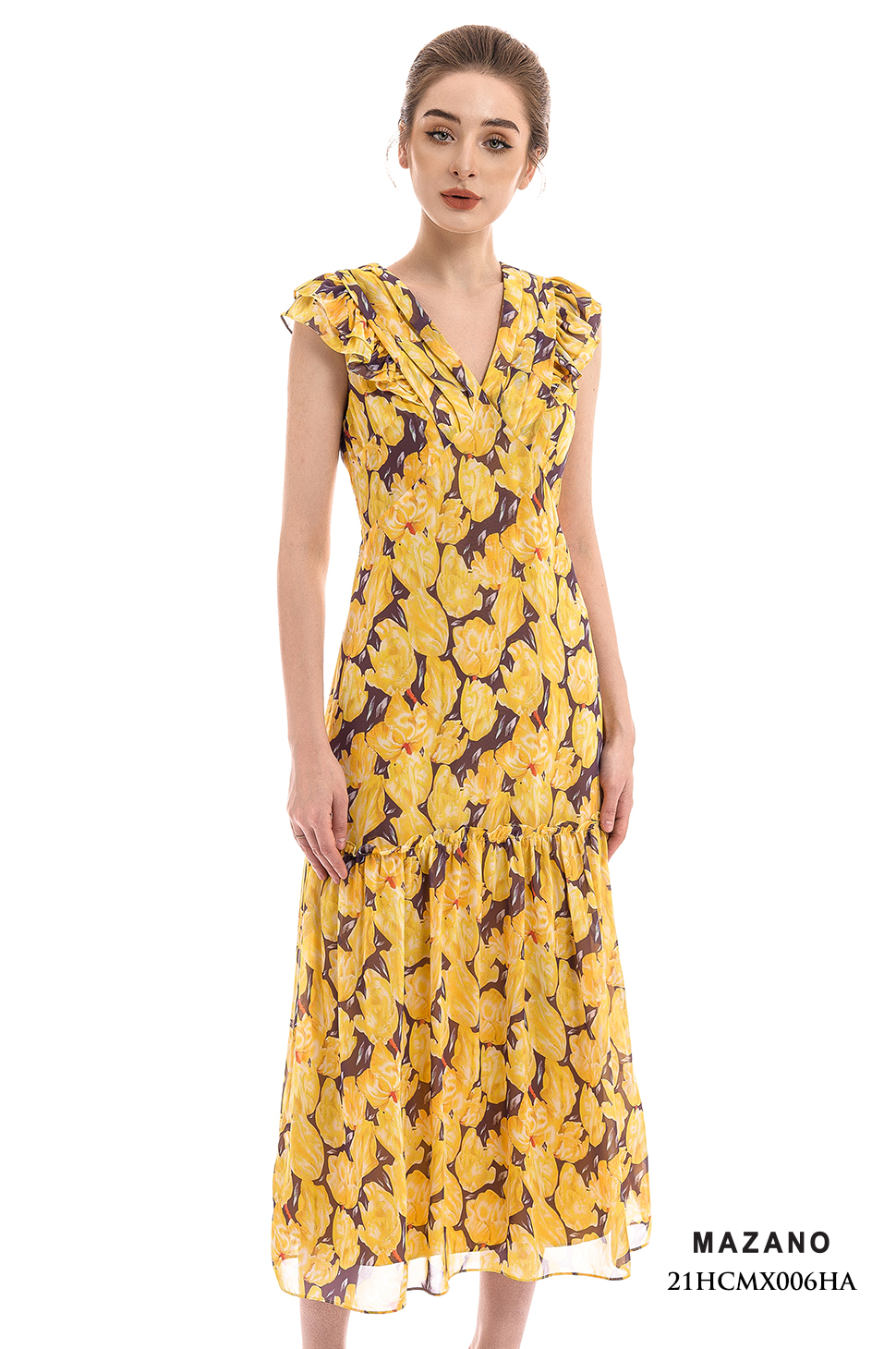 Đầm Maxi vải voan màu vàng in hoạ tiết hiện đại_thumbnail_3