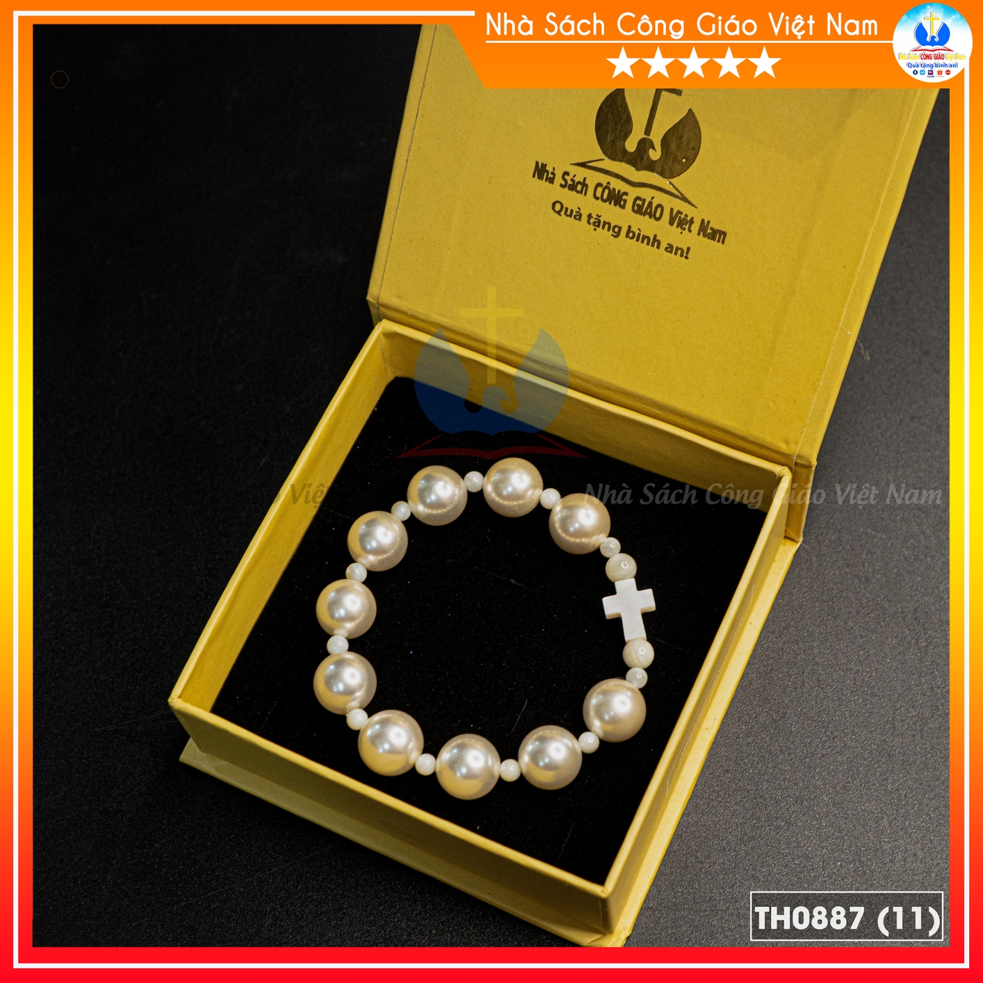 Vòng Mân Côi Ốc Tai Tượng xi trai 12mm, đệm hạt trắng, thánh giá xà cừ – TH0887